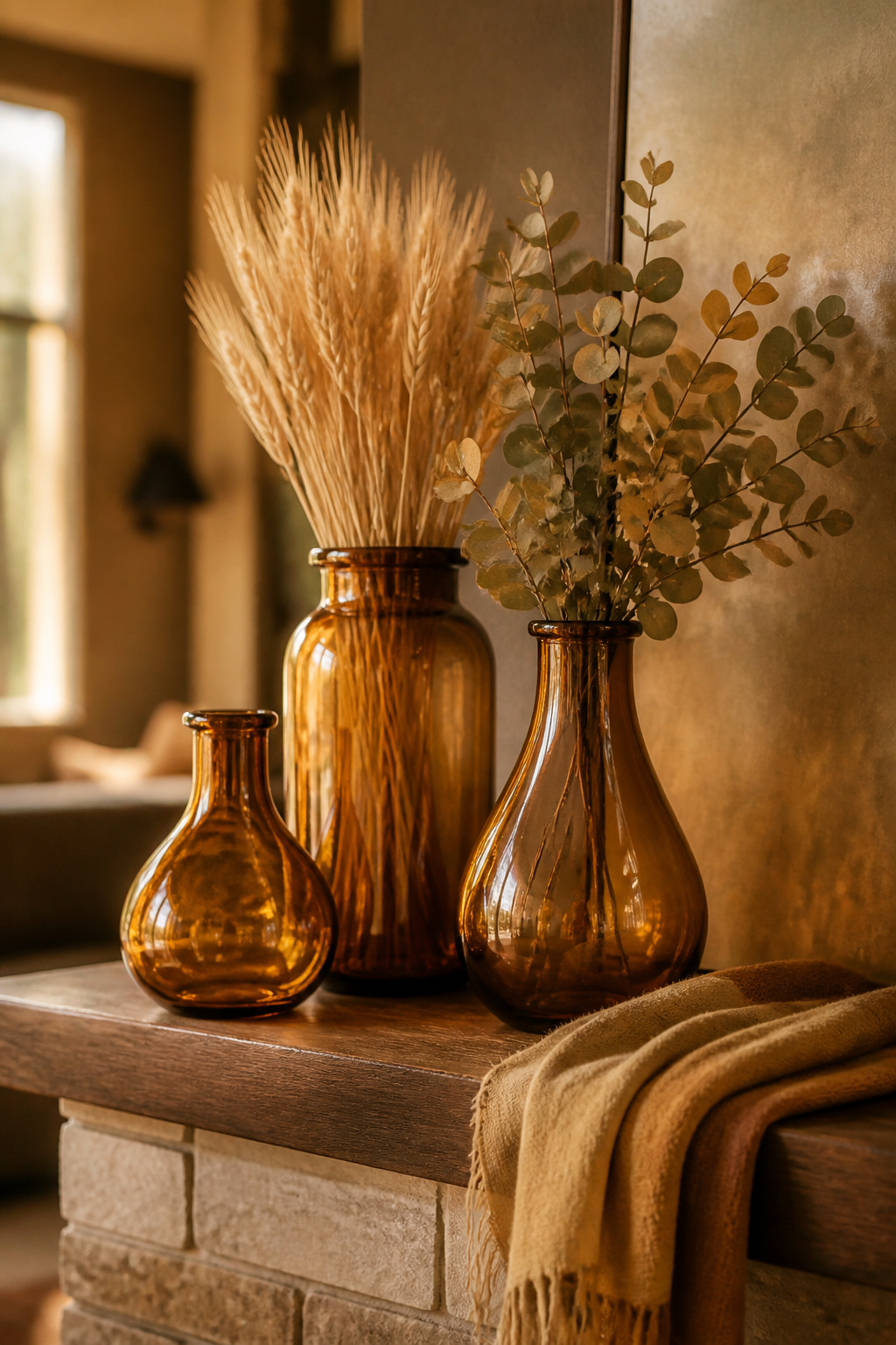 11 Fall Mantel Decoration Ideas for a Styled Hearth 8 Amber bottles holding dried wheat and eucalyptus on a mantel.