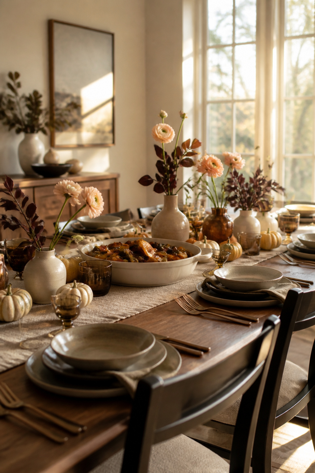 7 Fall Table Setting Ideas and Styles for 2026 1 Long wooden dining table set with roasted squash and mini pumpkins.