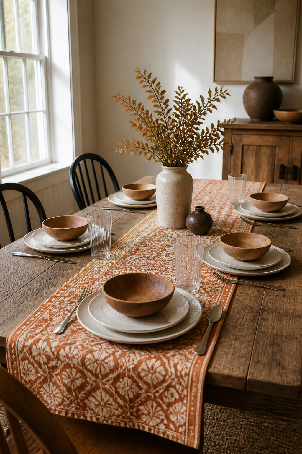 7 Fall Table Setting Ideas and Styles for 2026 12 Table setting with smooth plates and patterned linens on a wooden table.