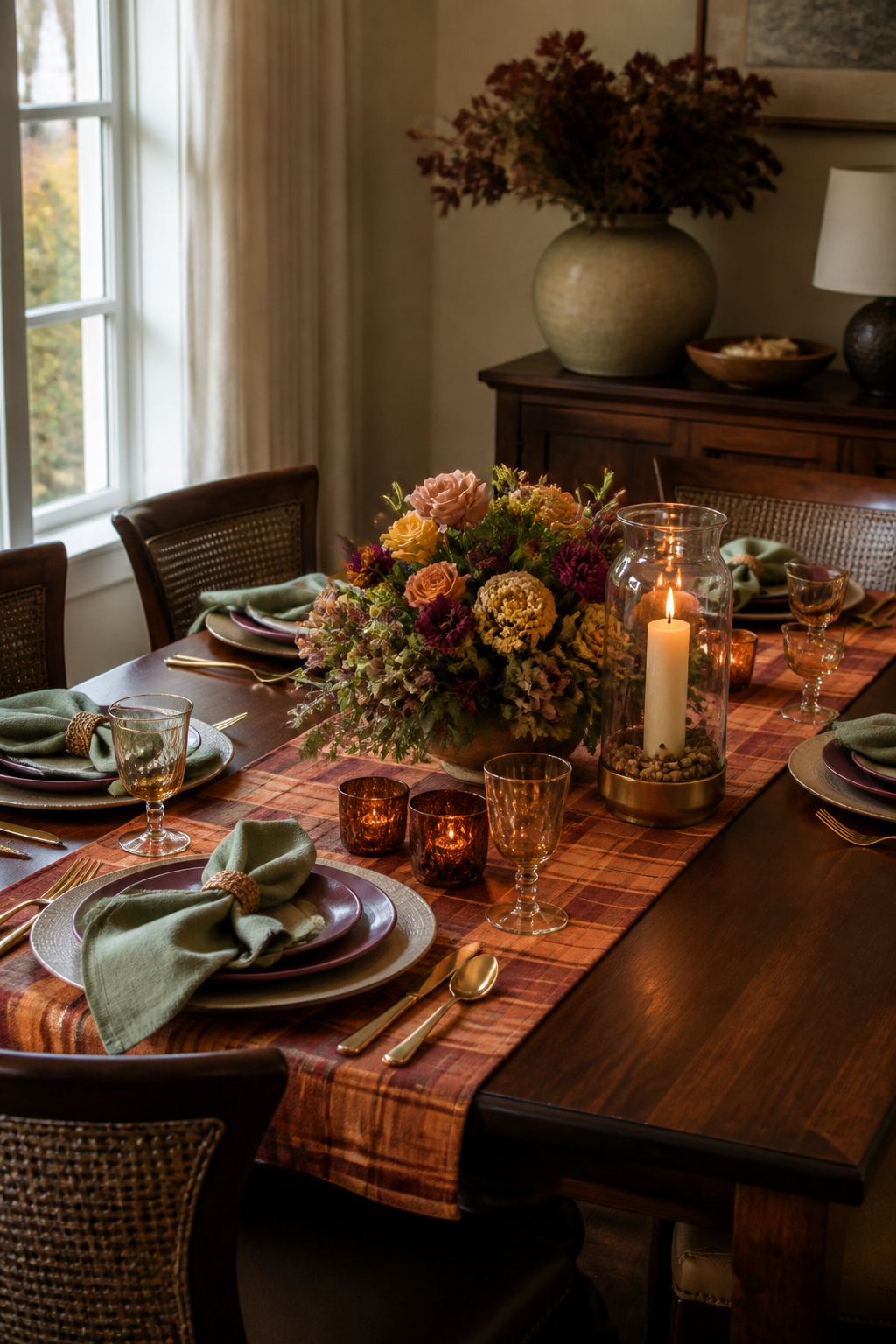 7 Fall Table Setting Ideas and Styles for 2026 2 Mahogany table adorned with burgundy dishware and soft floral centerpiece.