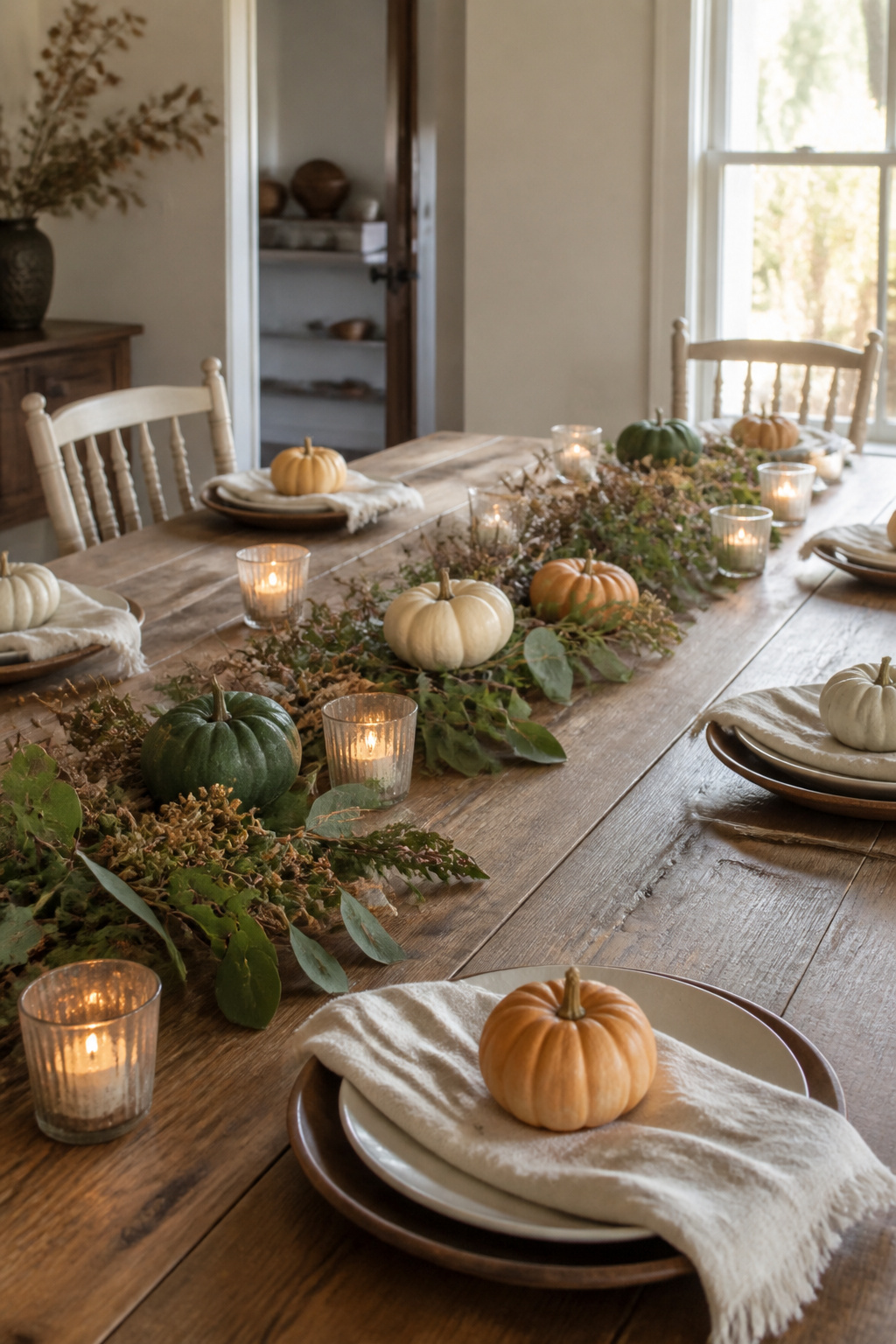 7 Fall Table Setting Ideas and Styles for 2026 4 Wood table with mini pumpkins, branches, and flickering tea lights.