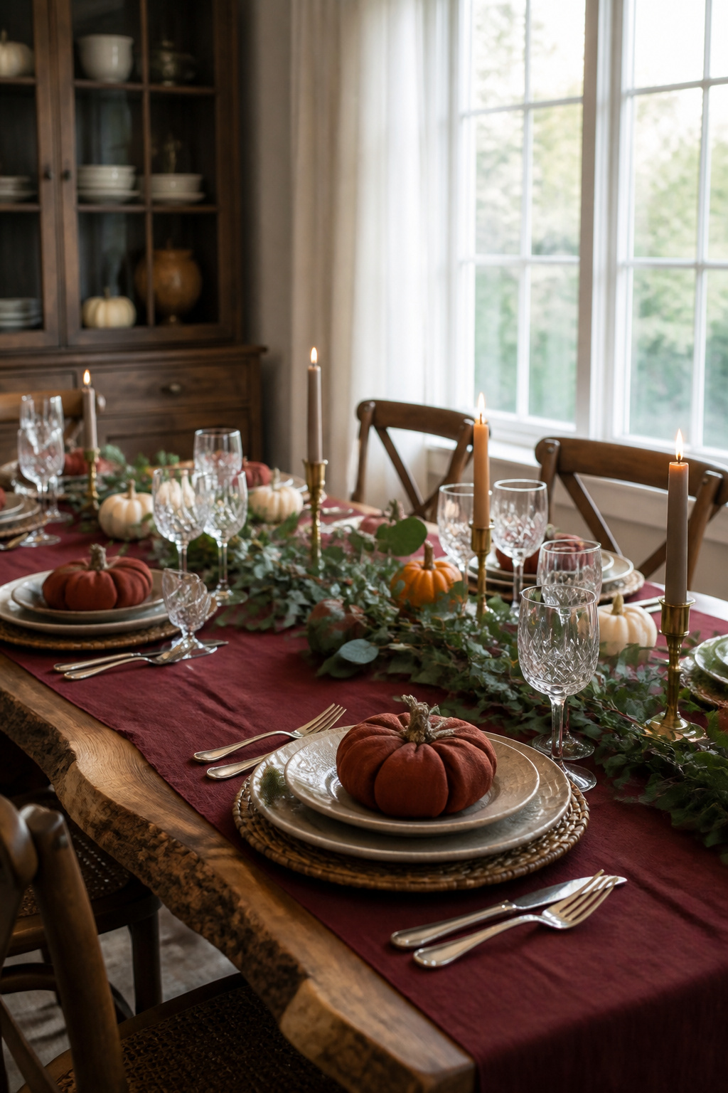 7 Fall Table Setting Ideas and Styles for 2026 6 Live-edge wooden table with maroon tablecloth and eucalyptus branches.