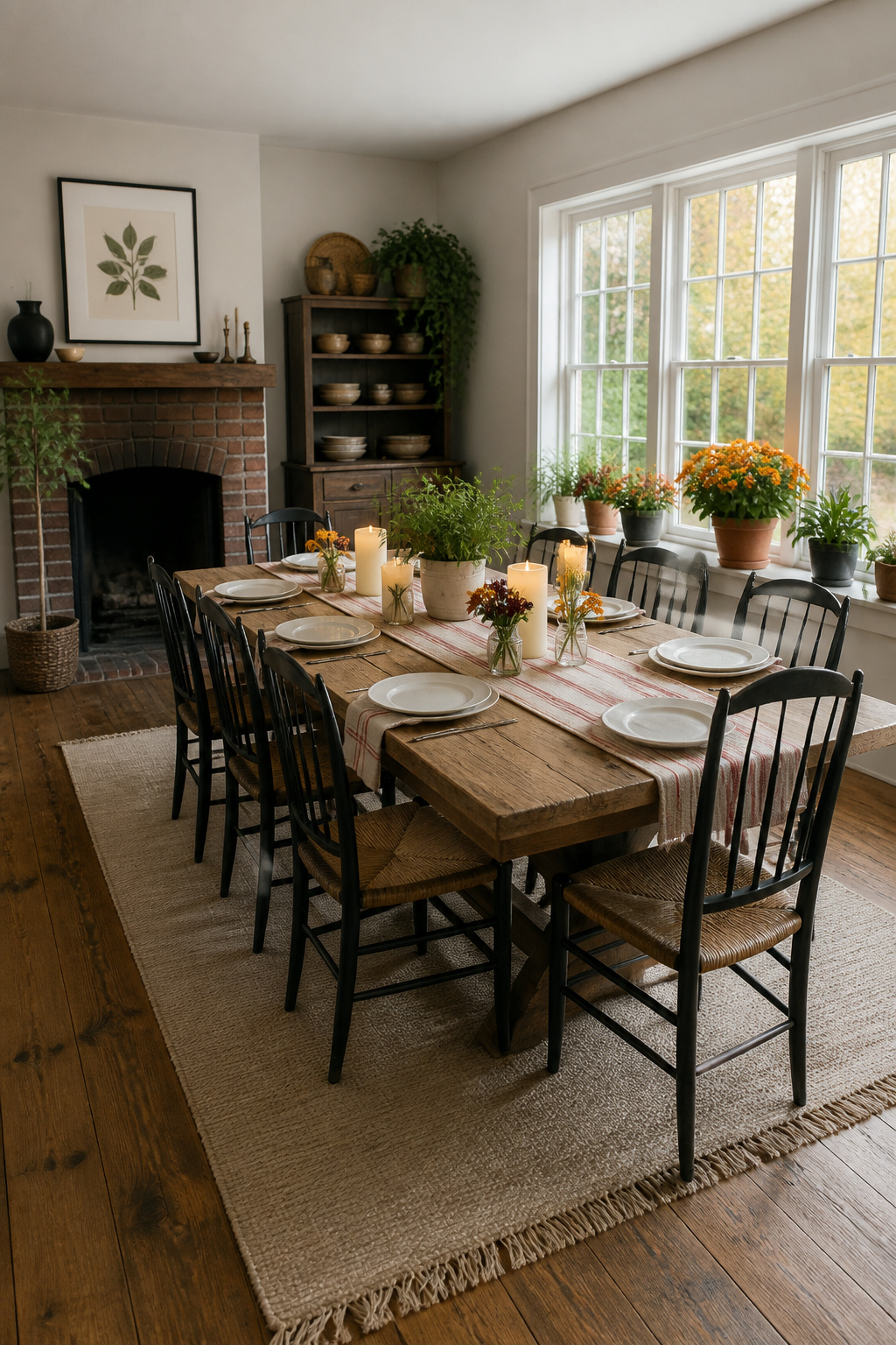 7 Fall Table Setting Ideas and Styles for 2026 7 Casual table setting with a striped runner and small potted herbs.