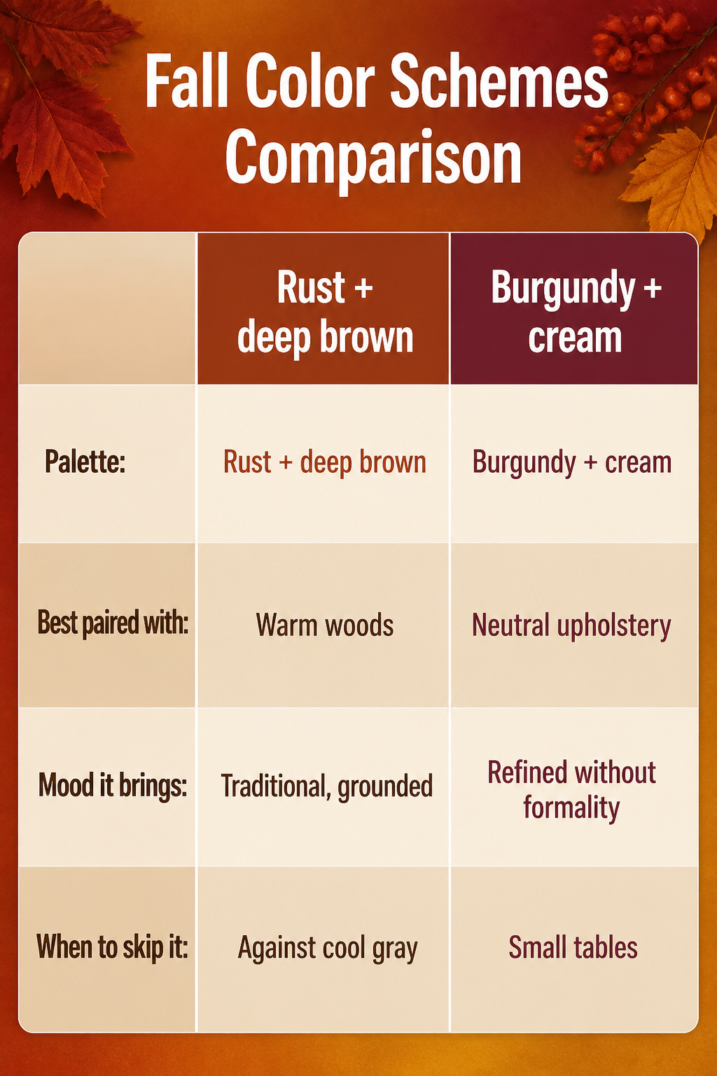 7 Fall Table Setting Ideas and Styles for 2026 8 Comparison chart of fall color schemes for table settings.
