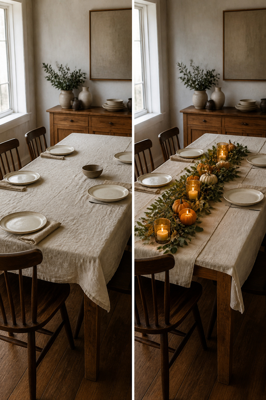 7 Fall Table Setting Ideas and Styles for 2026 9 Low centerpiece arrangement of pumpkins and tealights on a table.