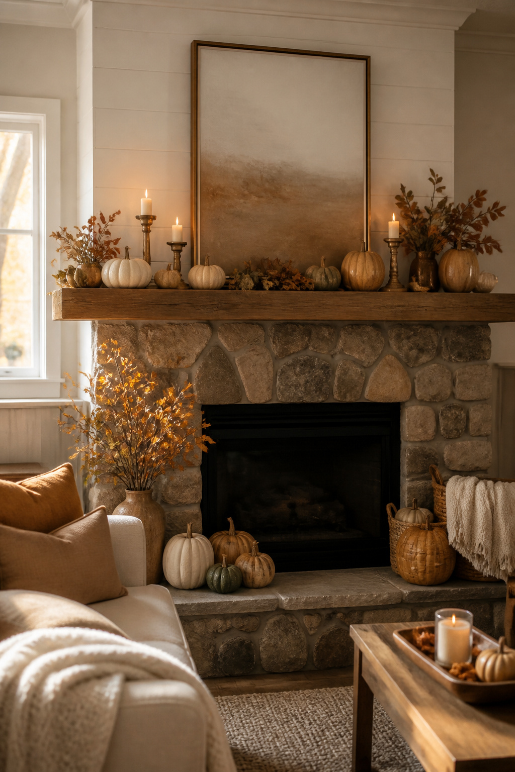 7 Farmhouse Fall Mantel Ideas: Cozy Decor for 2026 10 Elegant autumn decor on a mantel with sunlight streaming in.