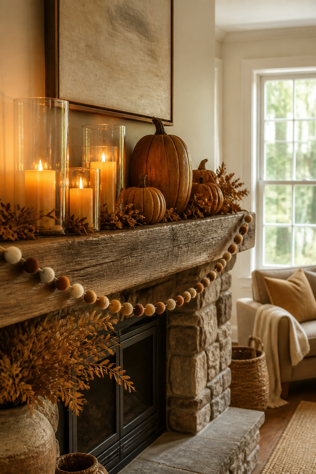 7 Farmhouse Fall Mantel Ideas: Cozy Decor for 2026 2 Arrangement of battery-operated candles in glass hurricanes on a mantel.