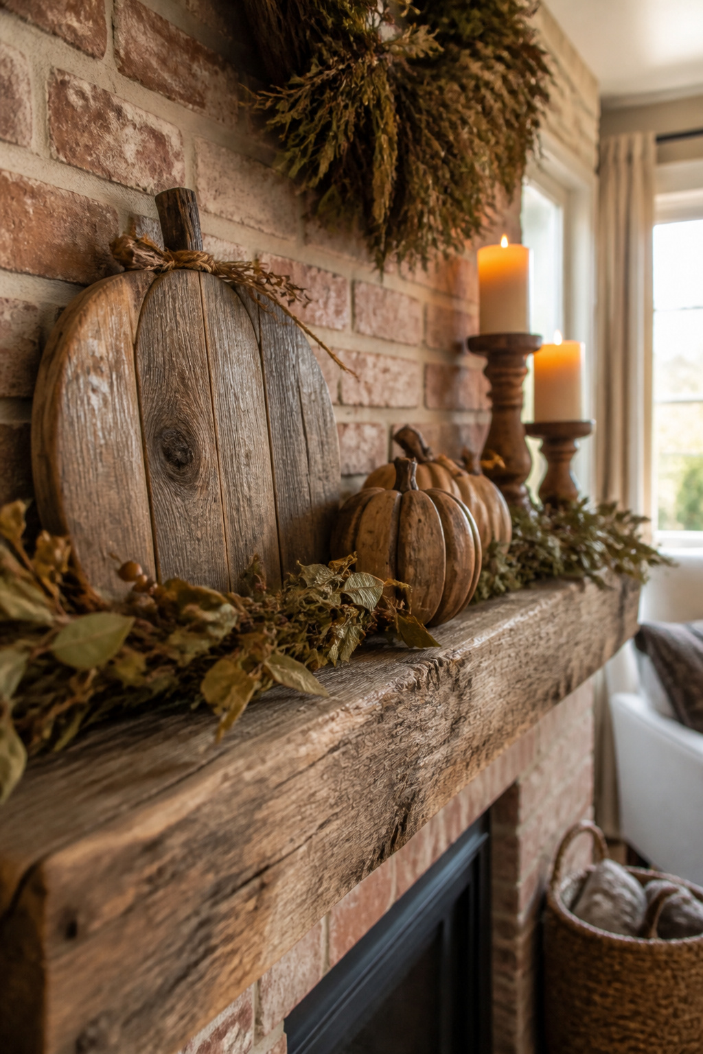 7 Farmhouse Fall Mantel Ideas: Cozy Decor for 2026 6 Reclaimed wood sign with chalk paint on a farmhouse mantel.