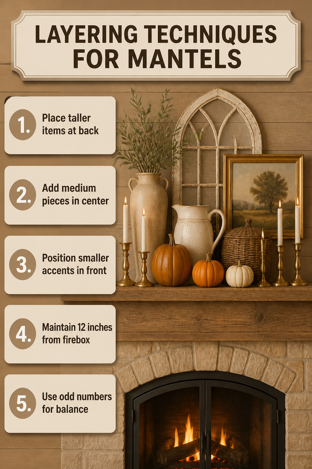 7 Farmhouse Fall Mantel Ideas: Cozy Decor for 2026 9 Mantel arranged with varying heights of decor items.