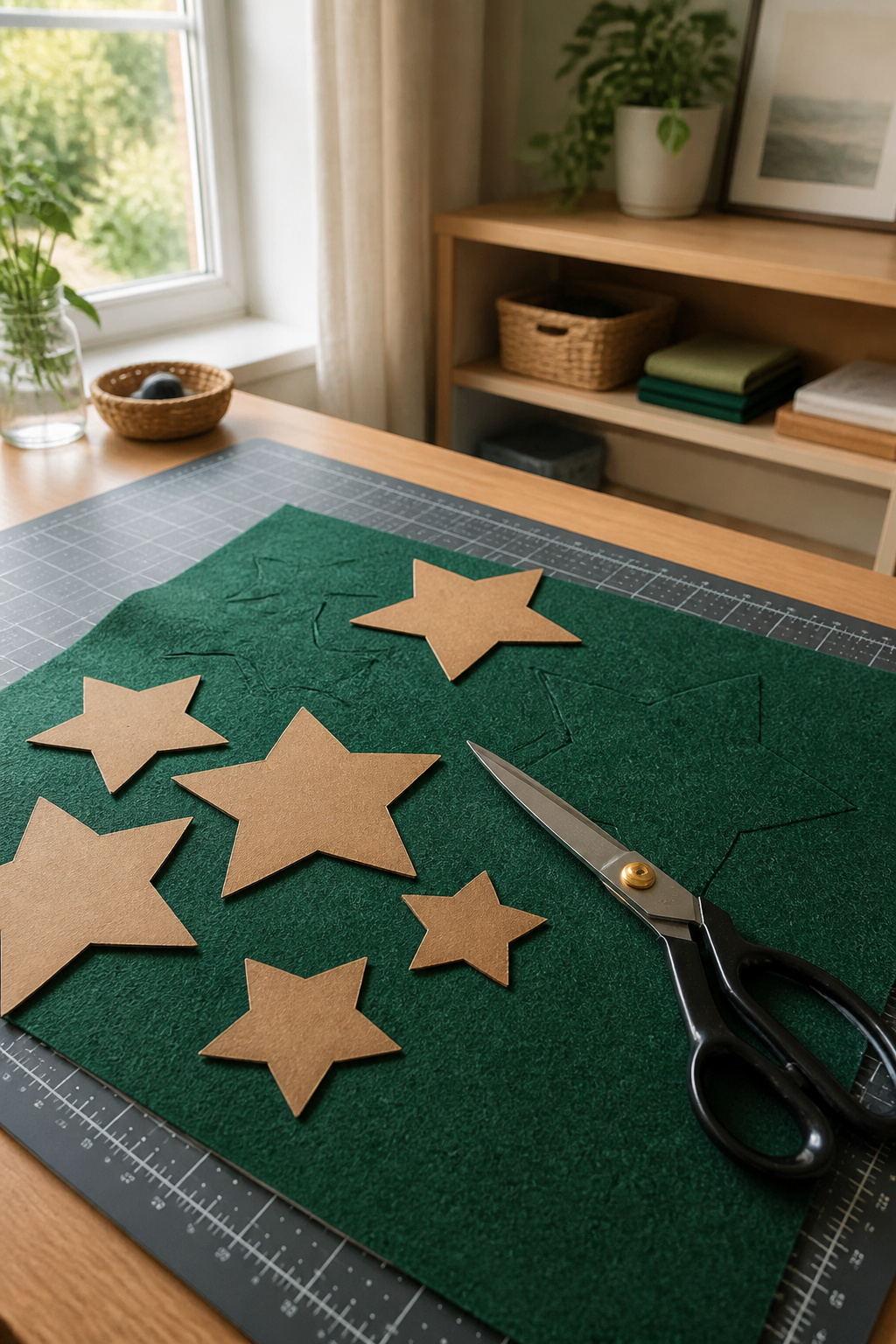 How to Make a Felt Star Christmas Garland: 6 Steps 2 Multiple star templates and a green felt sheet on a cutting mat.