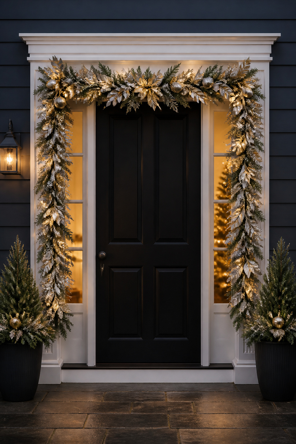 Front Door Christmas Garland Ideas for 2026 10 Metallic silver and gold garland decorating a front door.