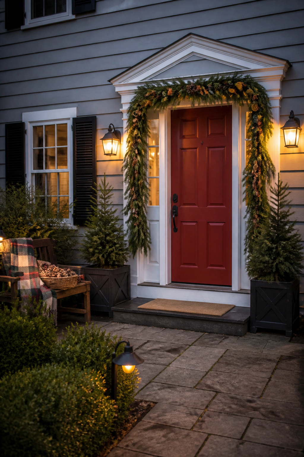 Front Door Christmas Garland Ideas for 2026 8 Fresh spruce garland with decorative elements at a front door.
