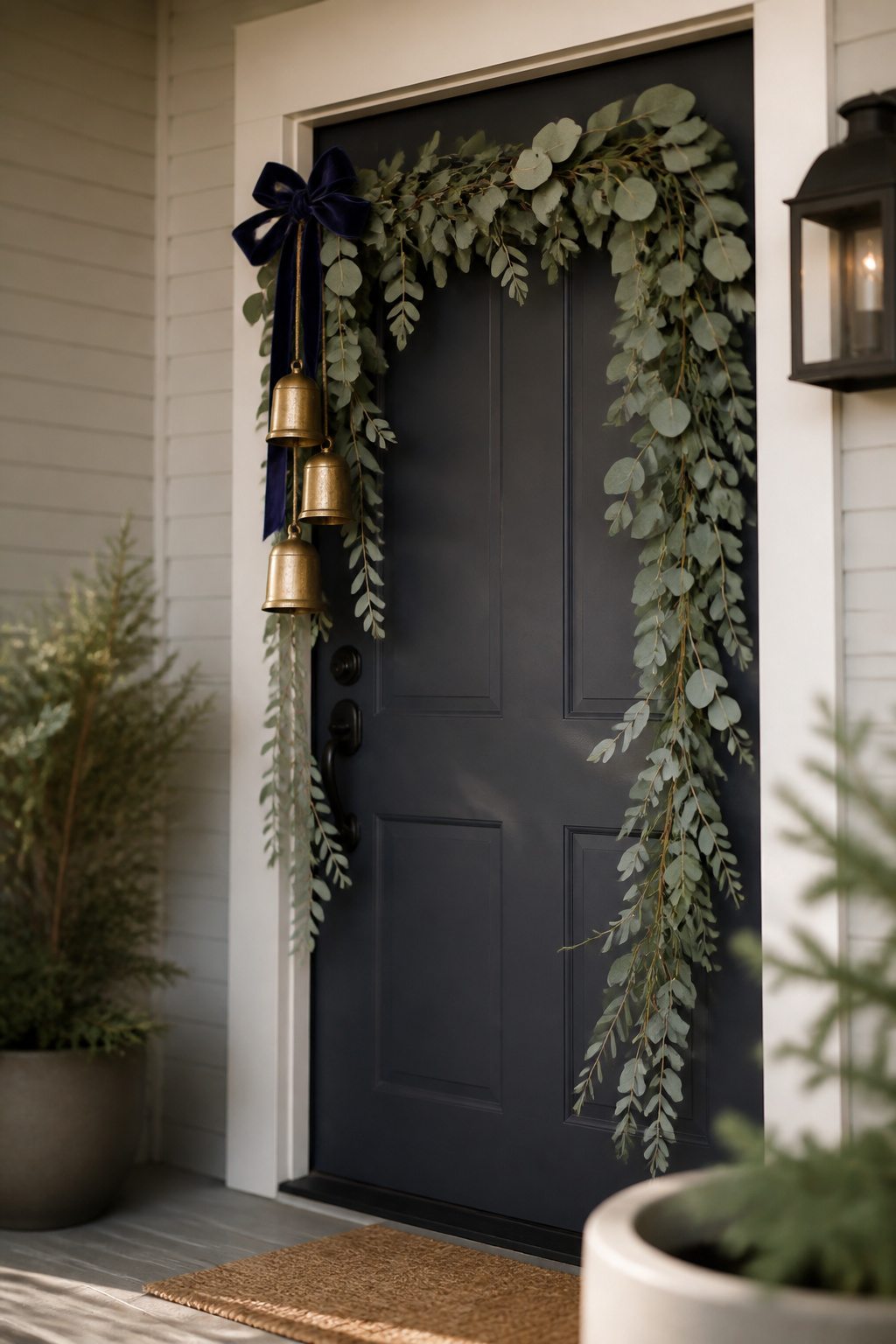Front Door Christmas Garland Ideas for 2026 9 Silvery-green eucalyptus garland hanging on a door frame.