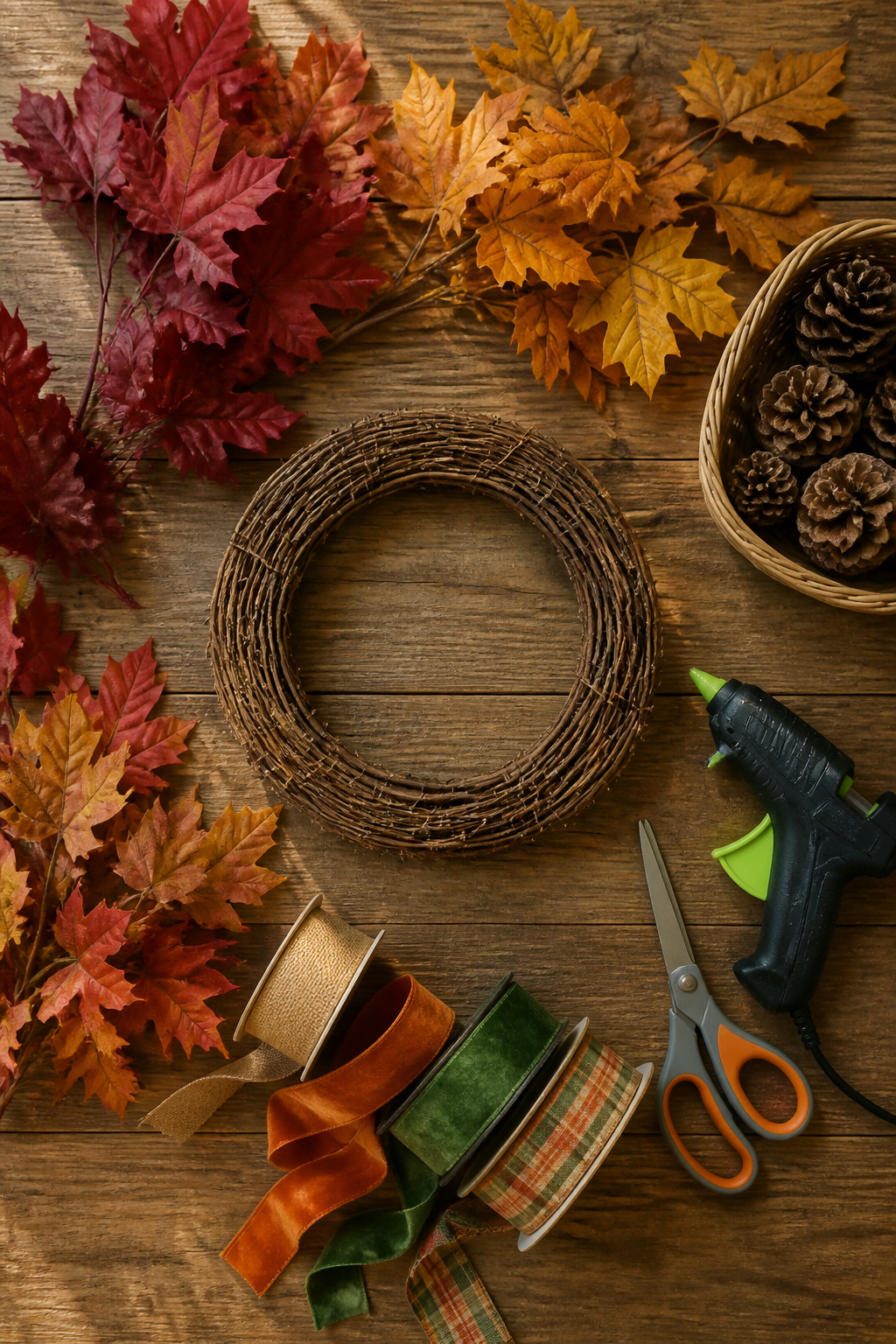 A grapevine wreath base alongside crafting materials for a leaf wreath.