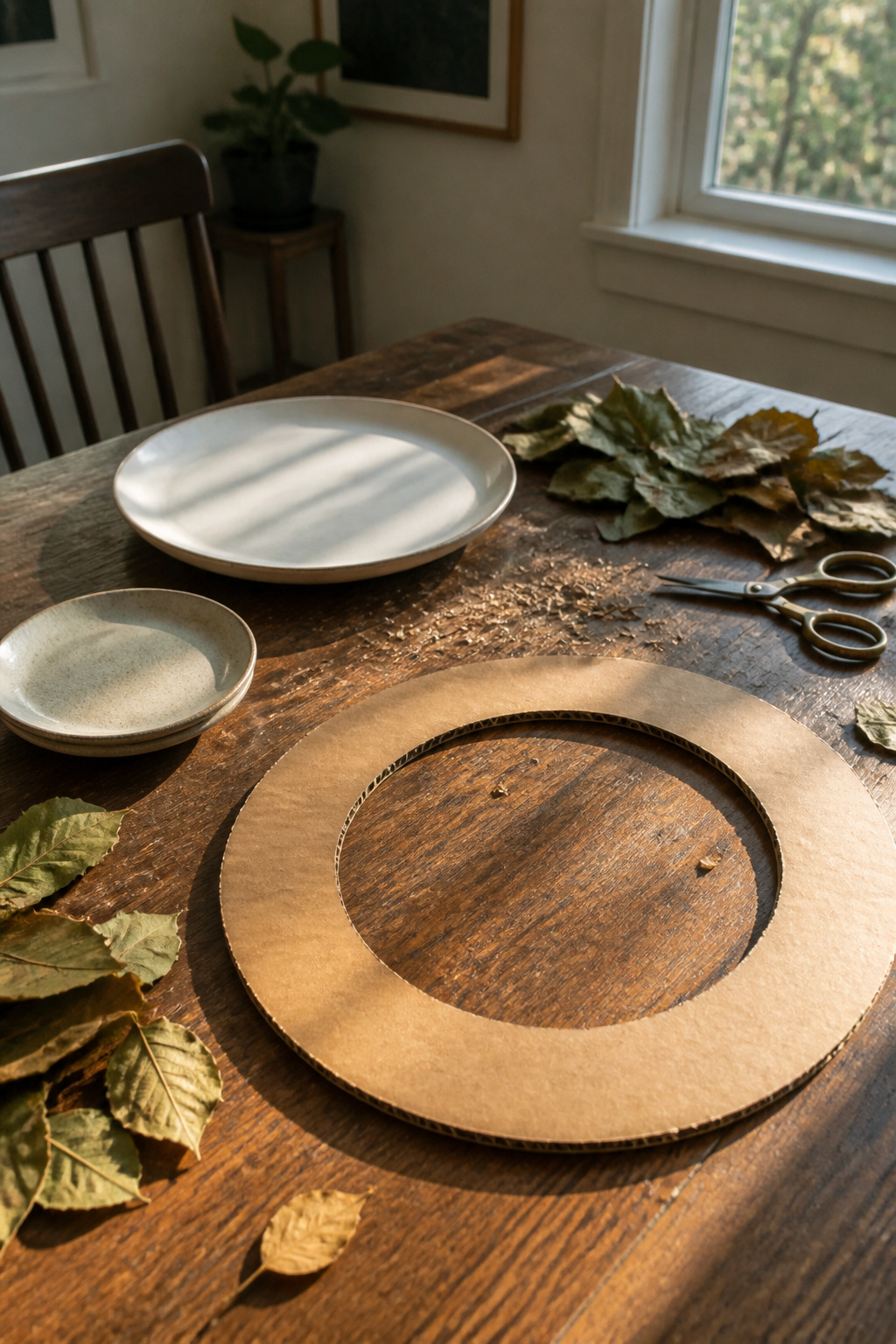 A cardboard ring with crafting materials and leaves in the background.