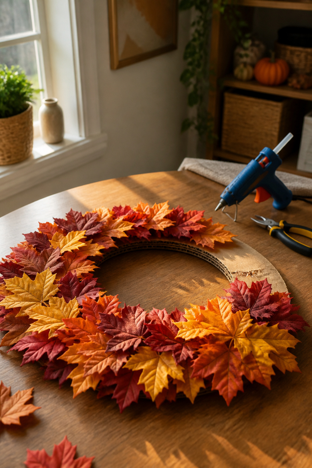 A nearly completed wreath featuring overlapping faux leaves in autumn colors.