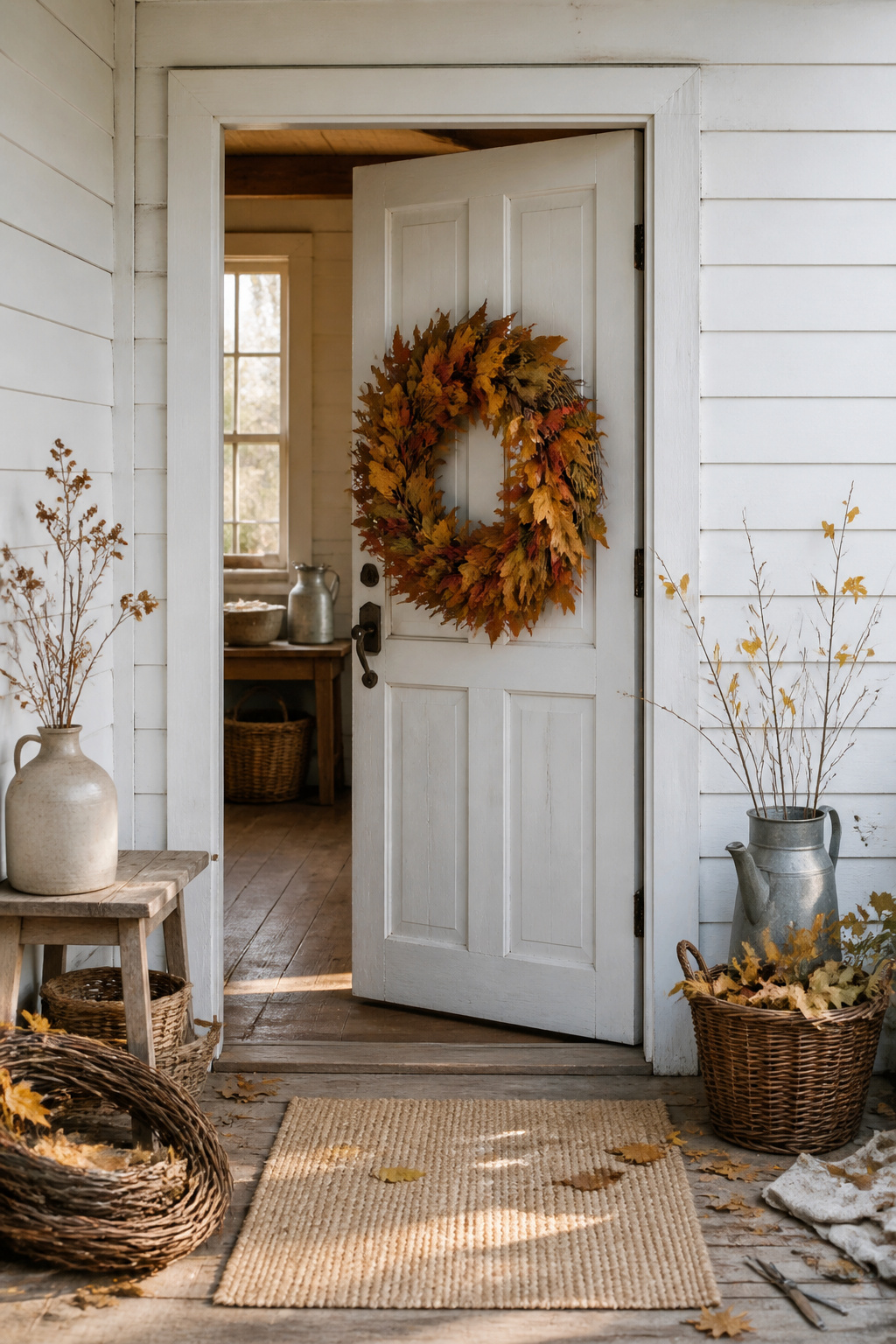 A completed wreath showing hot glue spots on the back before hanging.