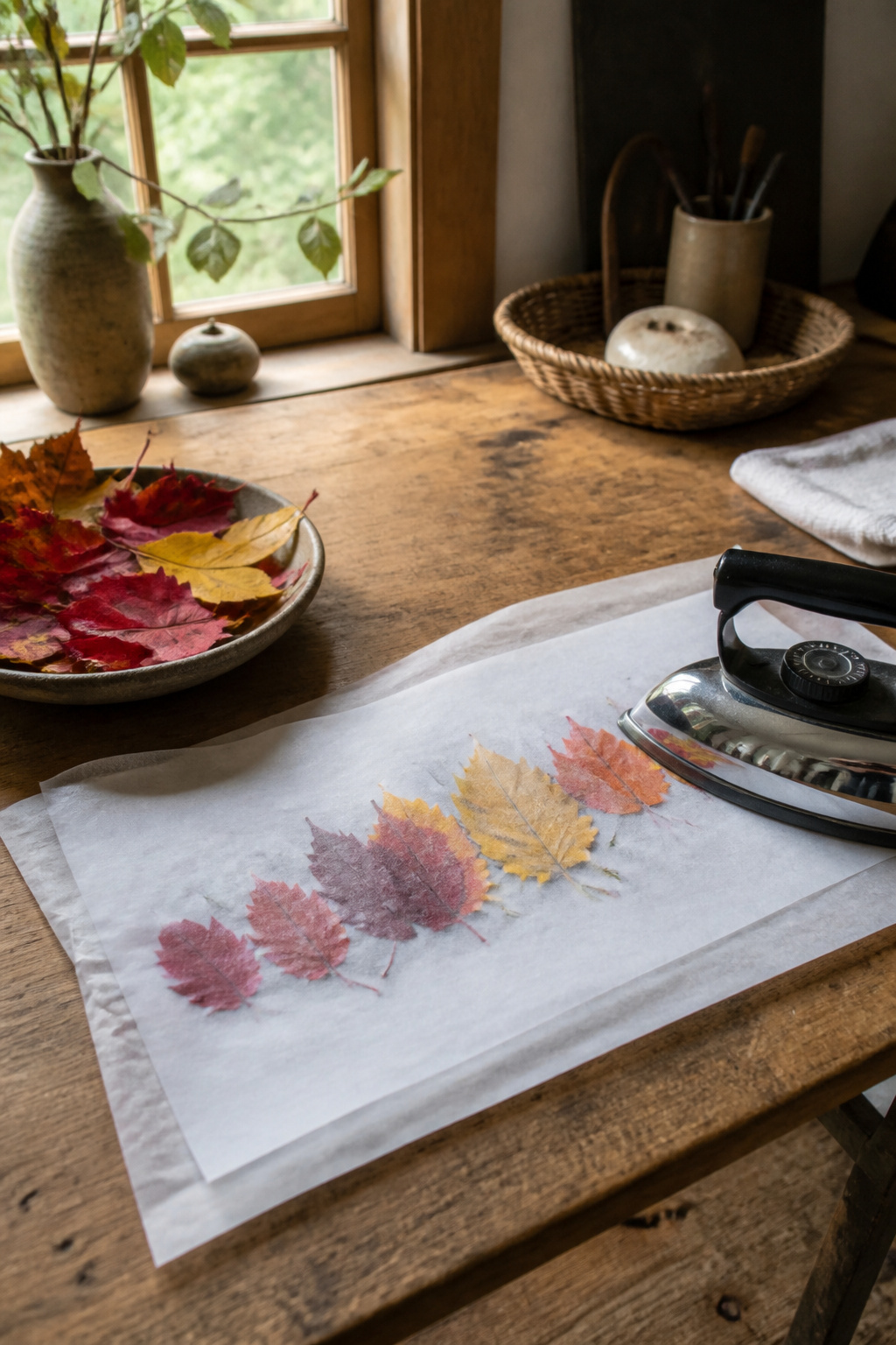 Fresh leaves arranged between parchment paper with an iron above.