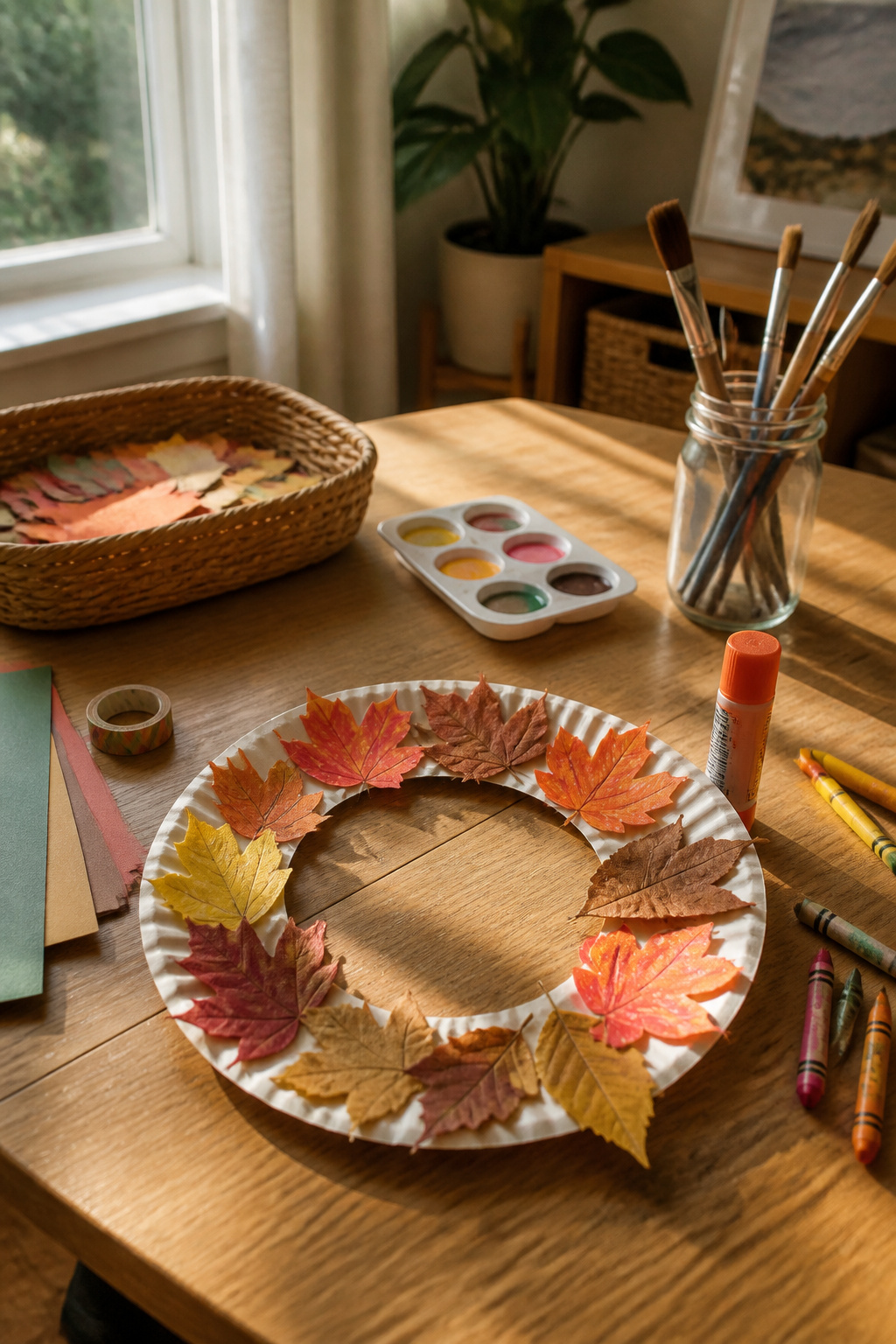 A kid-friendly wreath made from a paper plate and painted leaves.