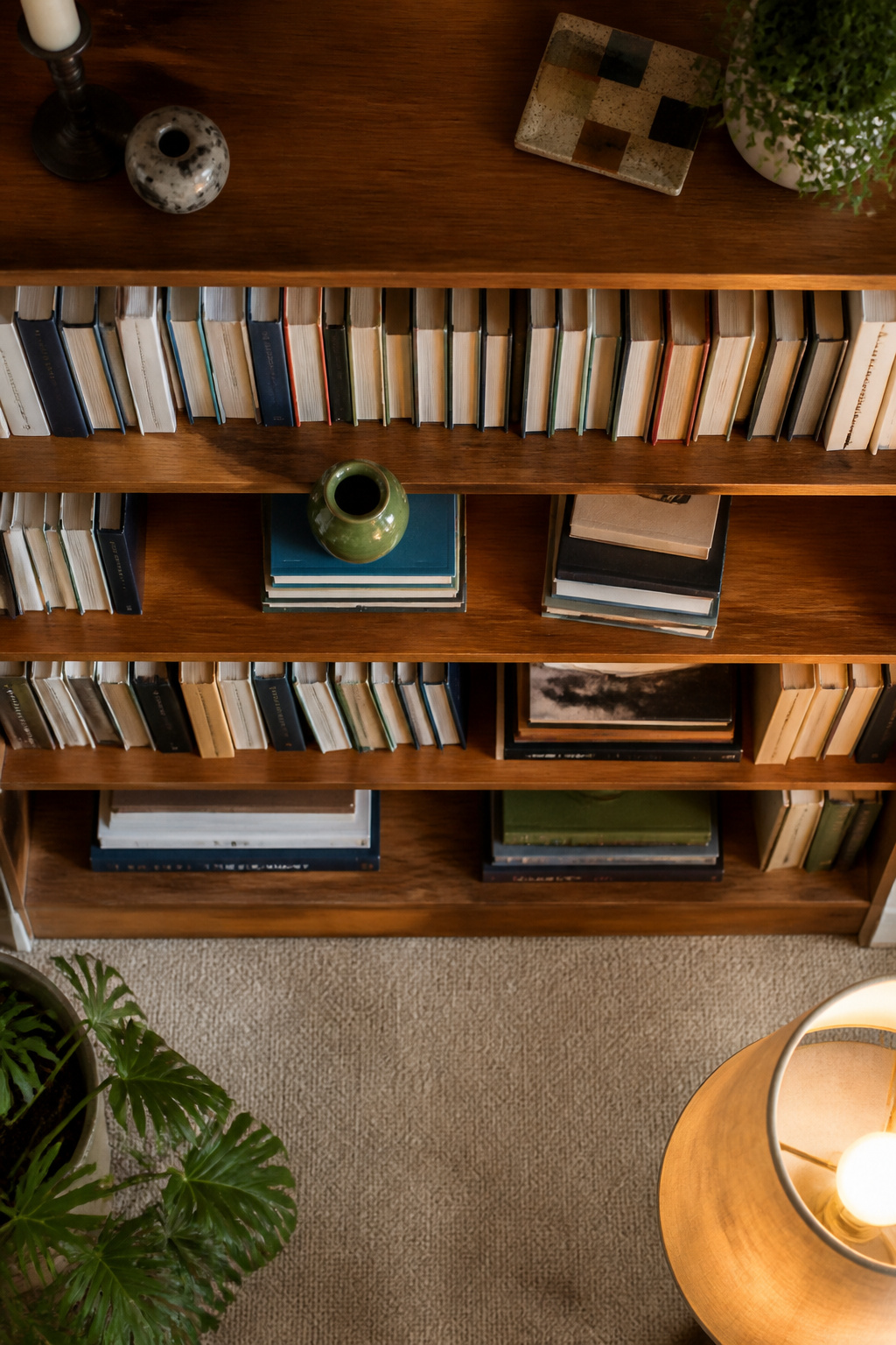 Books lined up with a mix of heights and a decorative object.