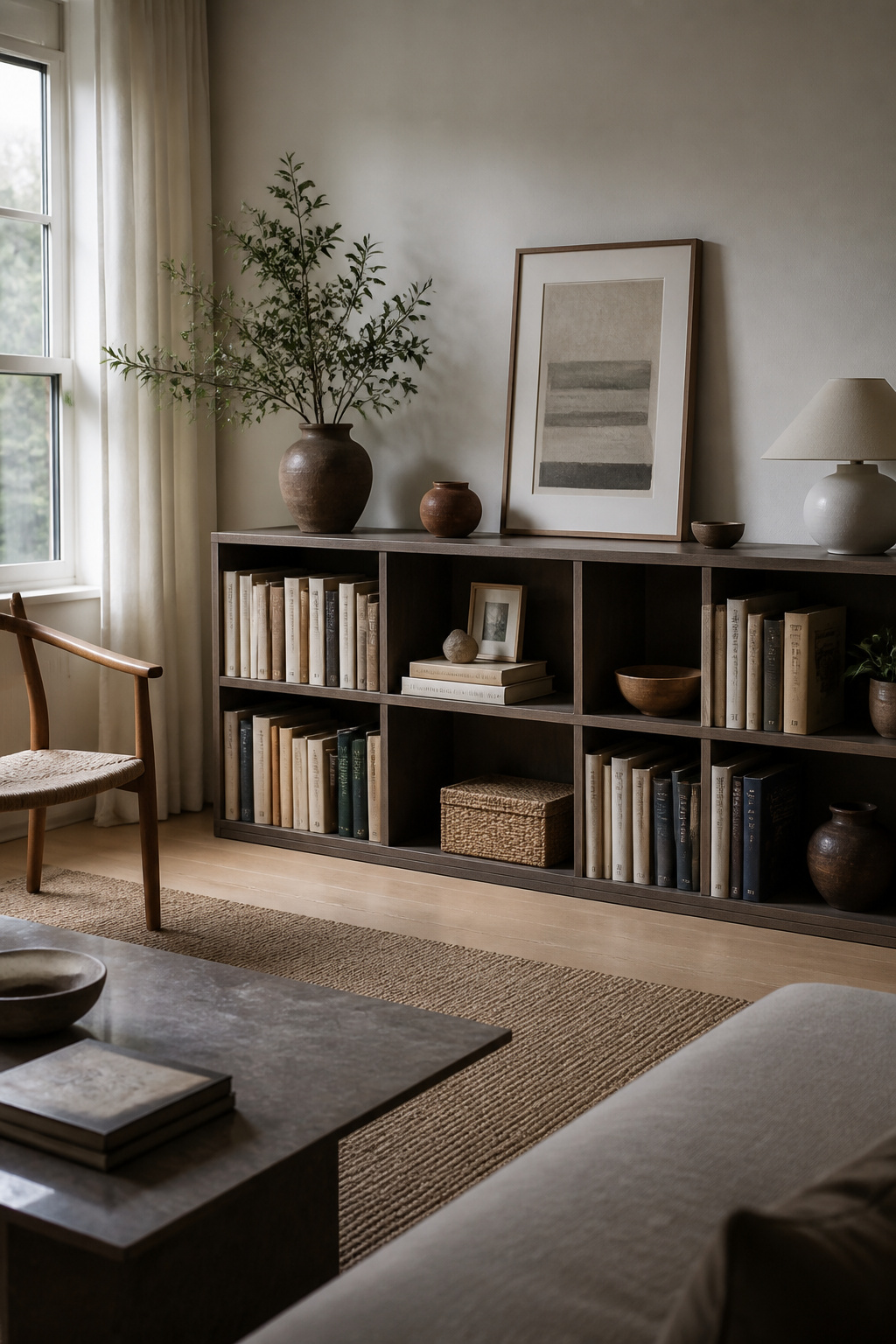 Books and decorative objects arranged together on a shelf.