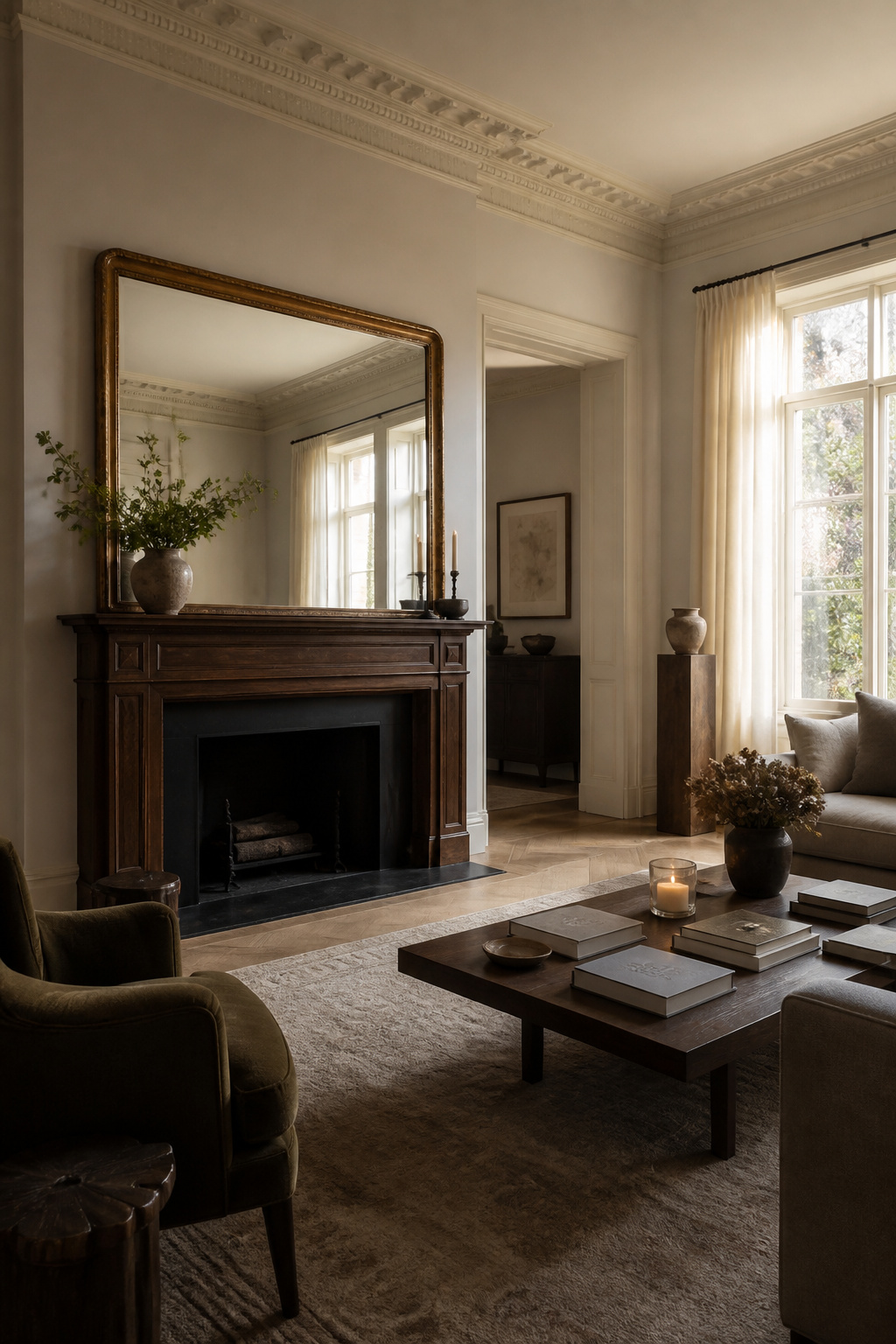 8 Mirror Mantel Decor Ideas for Fireplaces in 2026 1 A large oversized mirror above a fireplace mantel.