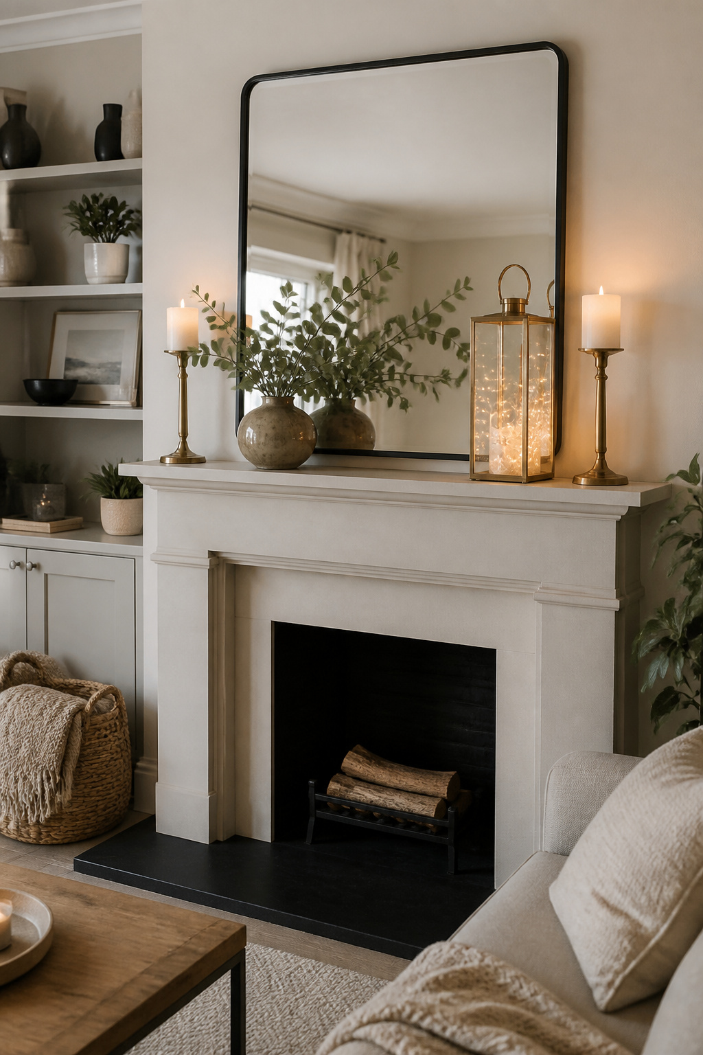 8 Mirror Mantel Decor Ideas for Fireplaces in 2026 10 A display of decorative items around a large mirror.