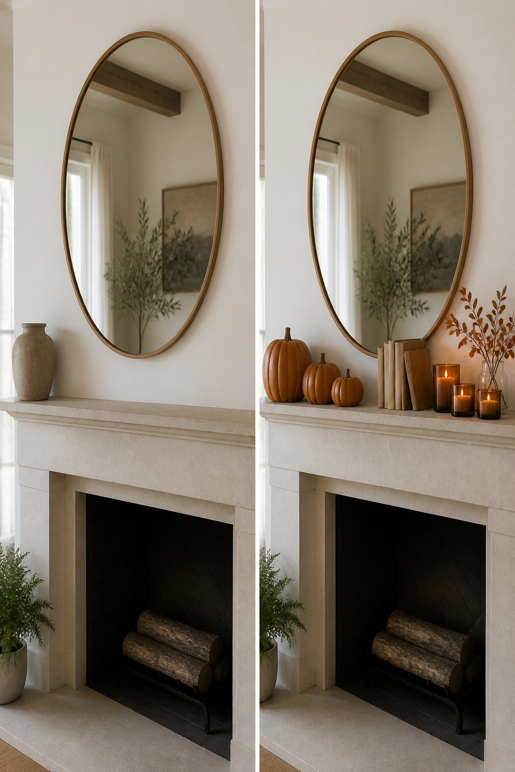 8 Mirror Mantel Decor Ideas for Fireplaces in 2026 11 A mantel styled with seasonal decor and a mirror.