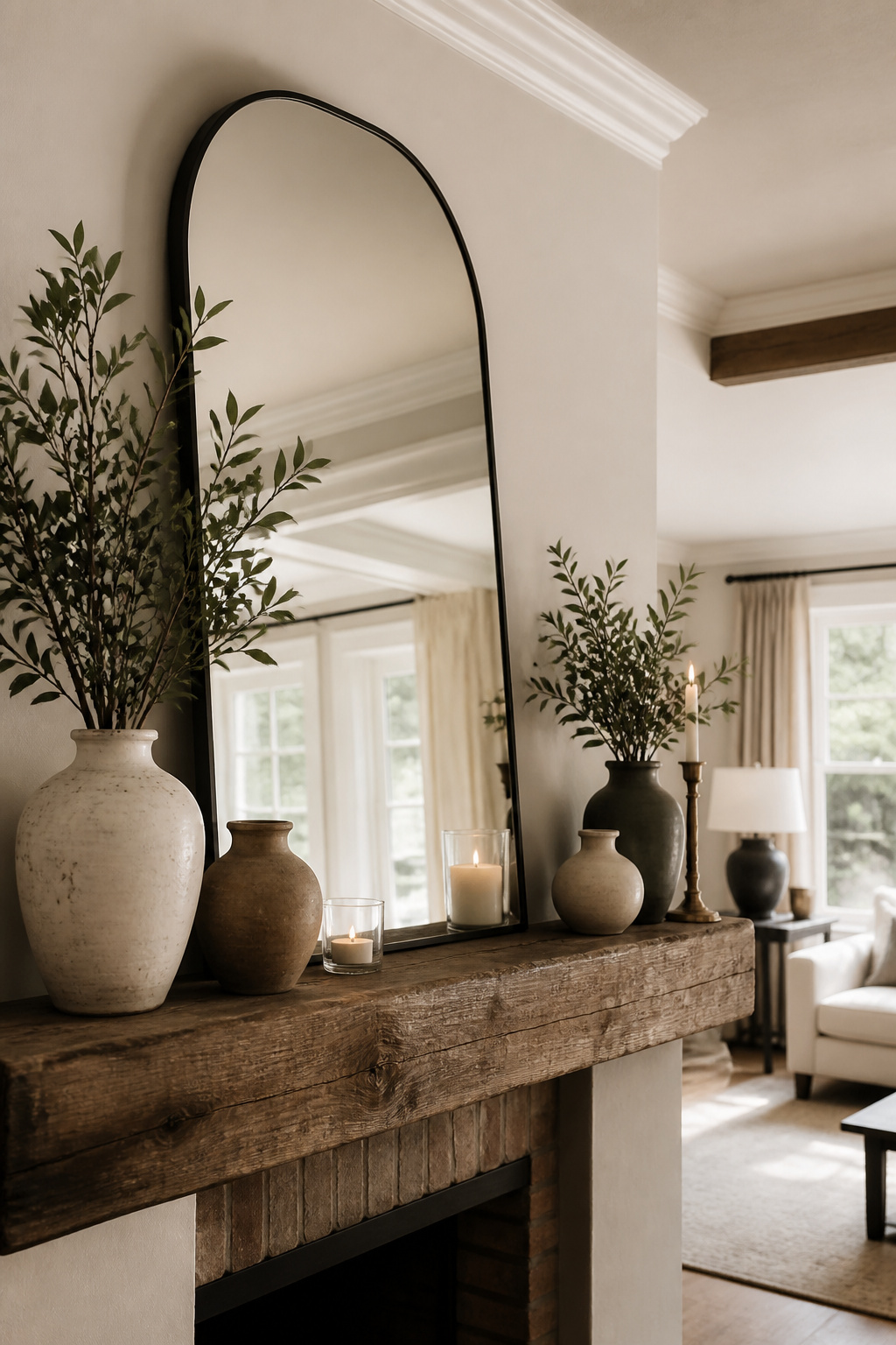 8 Mirror Mantel Decor Ideas for Fireplaces in 2026 2 A mantel decorated with an arched mirror.