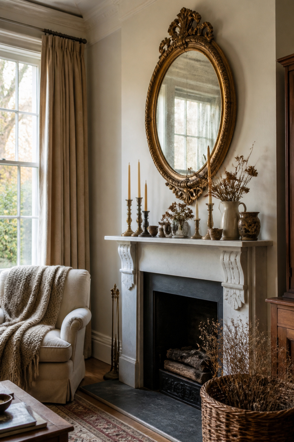 8 Mirror Mantel Decor Ideas for Fireplaces in 2026 4 An ornate vintage mirror hanging above a mantel.