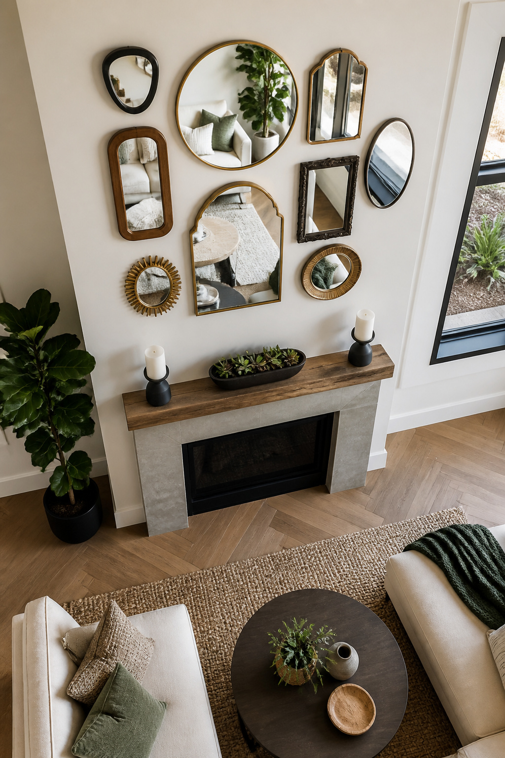8 Mirror Mantel Decor Ideas for Fireplaces in 2026 6 Several smaller mirrors grouped above a fireplace mantel.