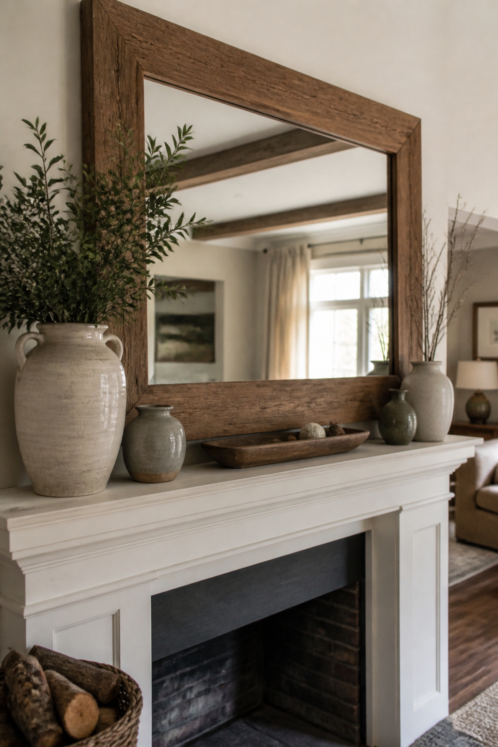 8 Mirror Mantel Decor Ideas for Fireplaces in 2026 7 A large oak-framed mirror above a decorative mantel.