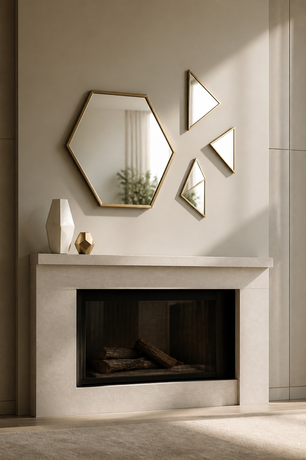 8 Mirror Mantel Decor Ideas for Fireplaces in 2026 8 A hexagonal mirror placed above a fireplace mantel.