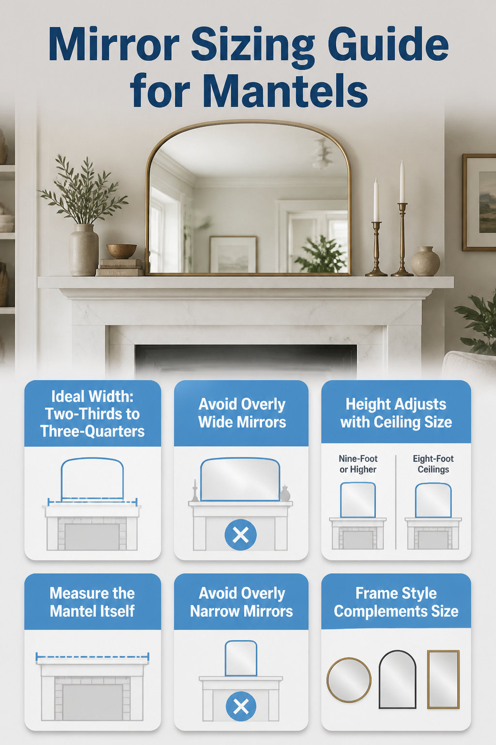 8 Mirror Mantel Decor Ideas for Fireplaces in 2026 9 A visual guide for selecting mirror sizes for mantels.