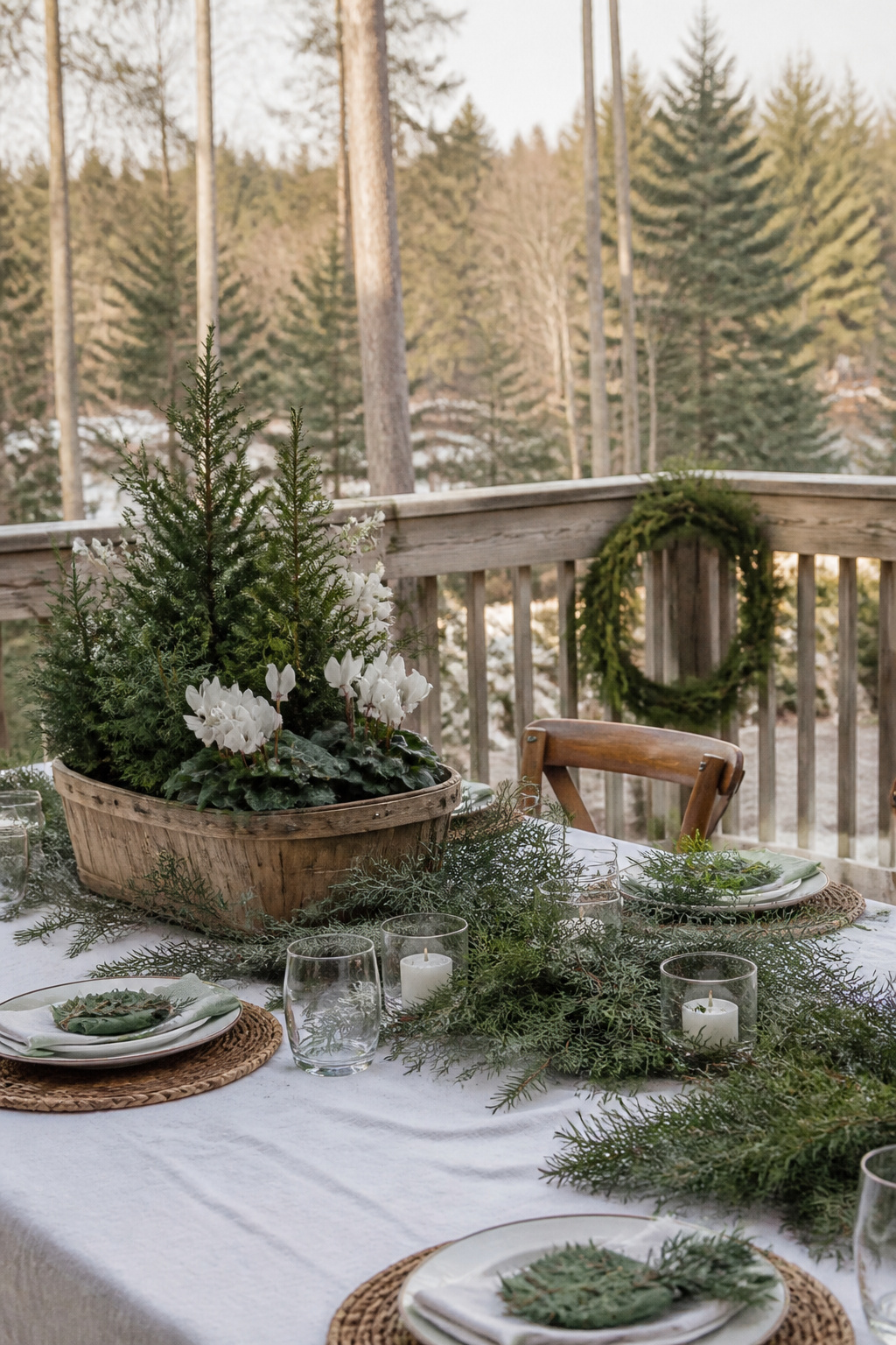 9 Outdoor Christmas Table Decoration Ideas for 2026 1 An outdoor table adorned with evergreen branches and a mini conifer centerpiece.
