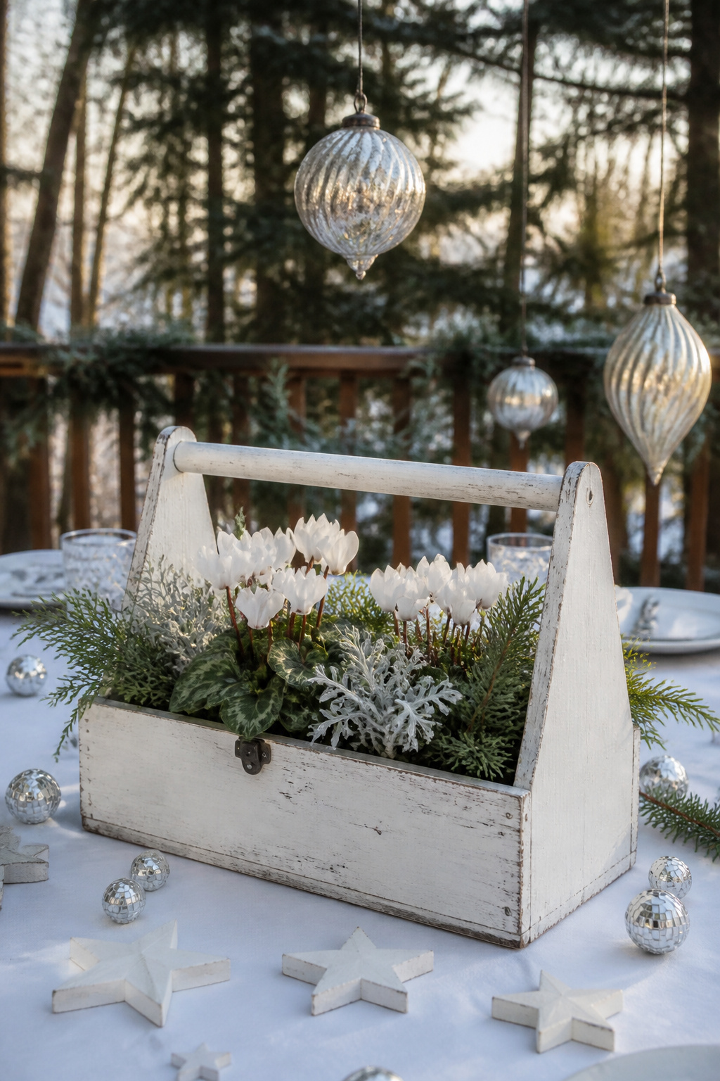 9 Outdoor Christmas Table Decoration Ideas for 2026 3 A white upcycled toolbox filled with greens and flowers on a table.