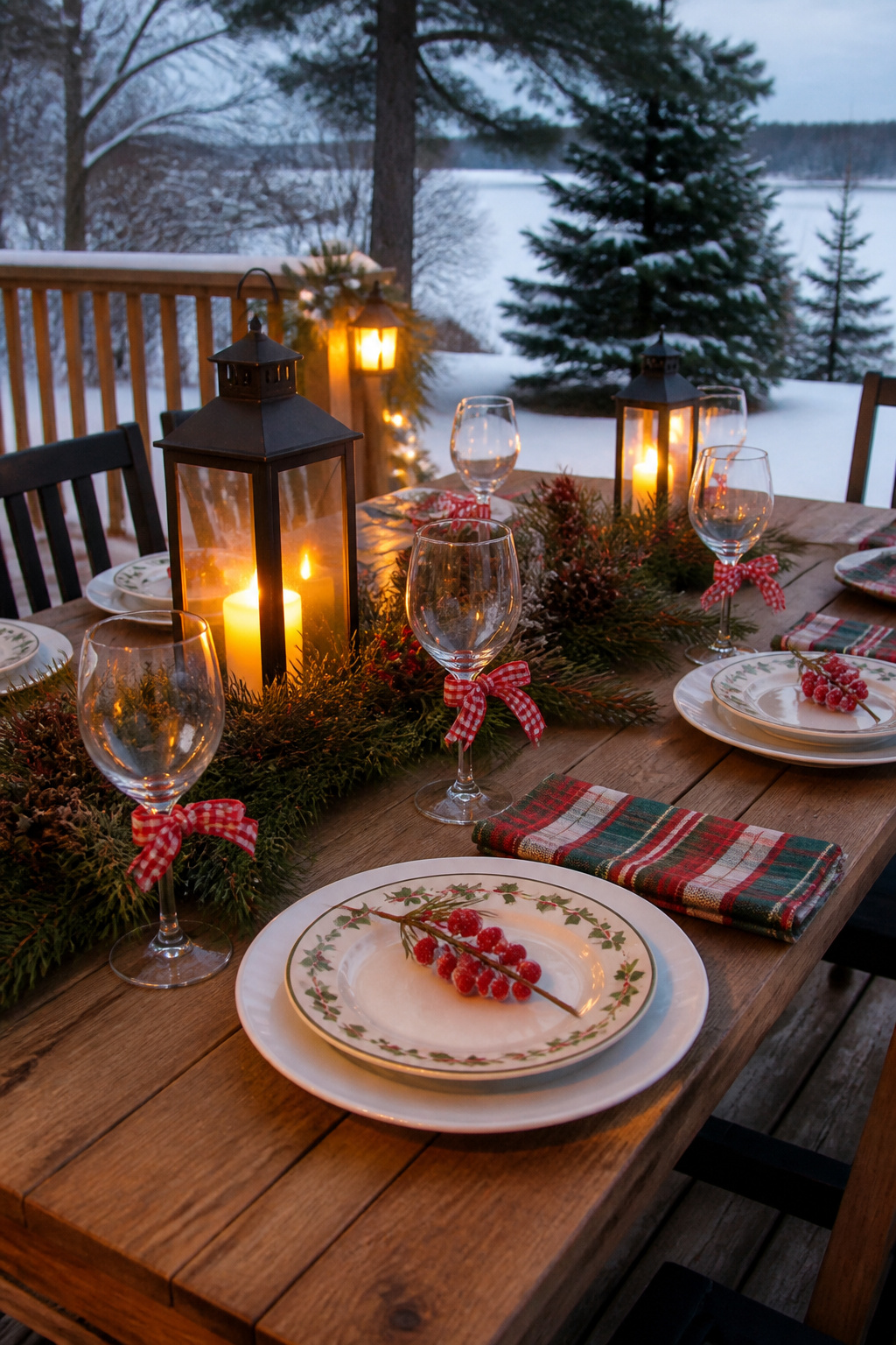 9 Outdoor Christmas Table Decoration Ideas for 2026 6 Red berries and plaid napkins arranged on plates at a dining table.