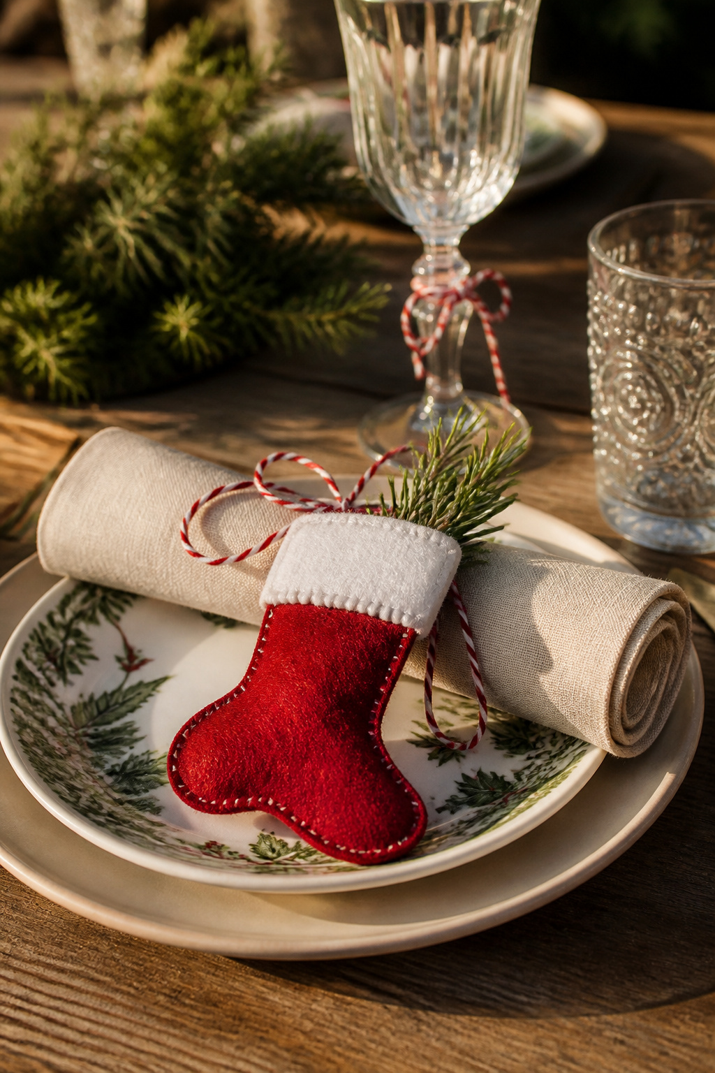 9 Outdoor Christmas Table Decoration Ideas for 2026 9 Small stockings used as napkin holders on a dining table.
