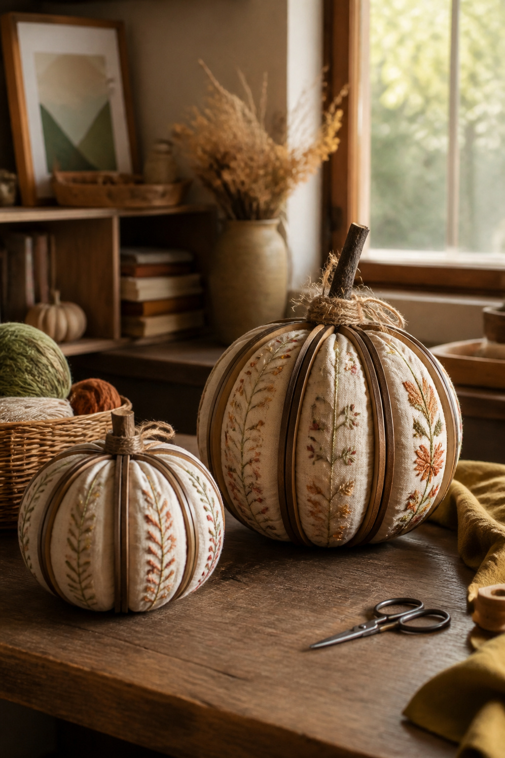 25 Pumpkin Craft Ideas for Fall Decor, Kids, and Adults (2026) 1 Embroidered pumpkins formed by hoops with a twig stem.