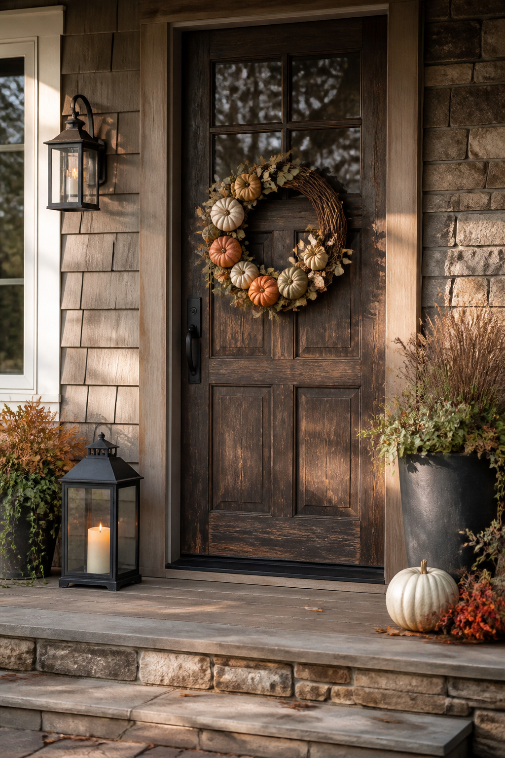 25 Pumpkin Craft Ideas for Fall Decor, Kids, and Adults (2026) 11 A pumpkin wreath made from craft pumpkins on a door.