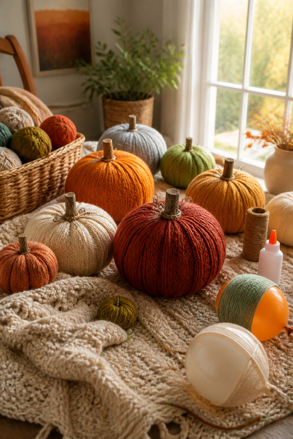 25 Pumpkin Craft Ideas for Fall Decor, Kids, and Adults (2026) 14 Colorful yarn pumpkins displayed on a soft blanket.