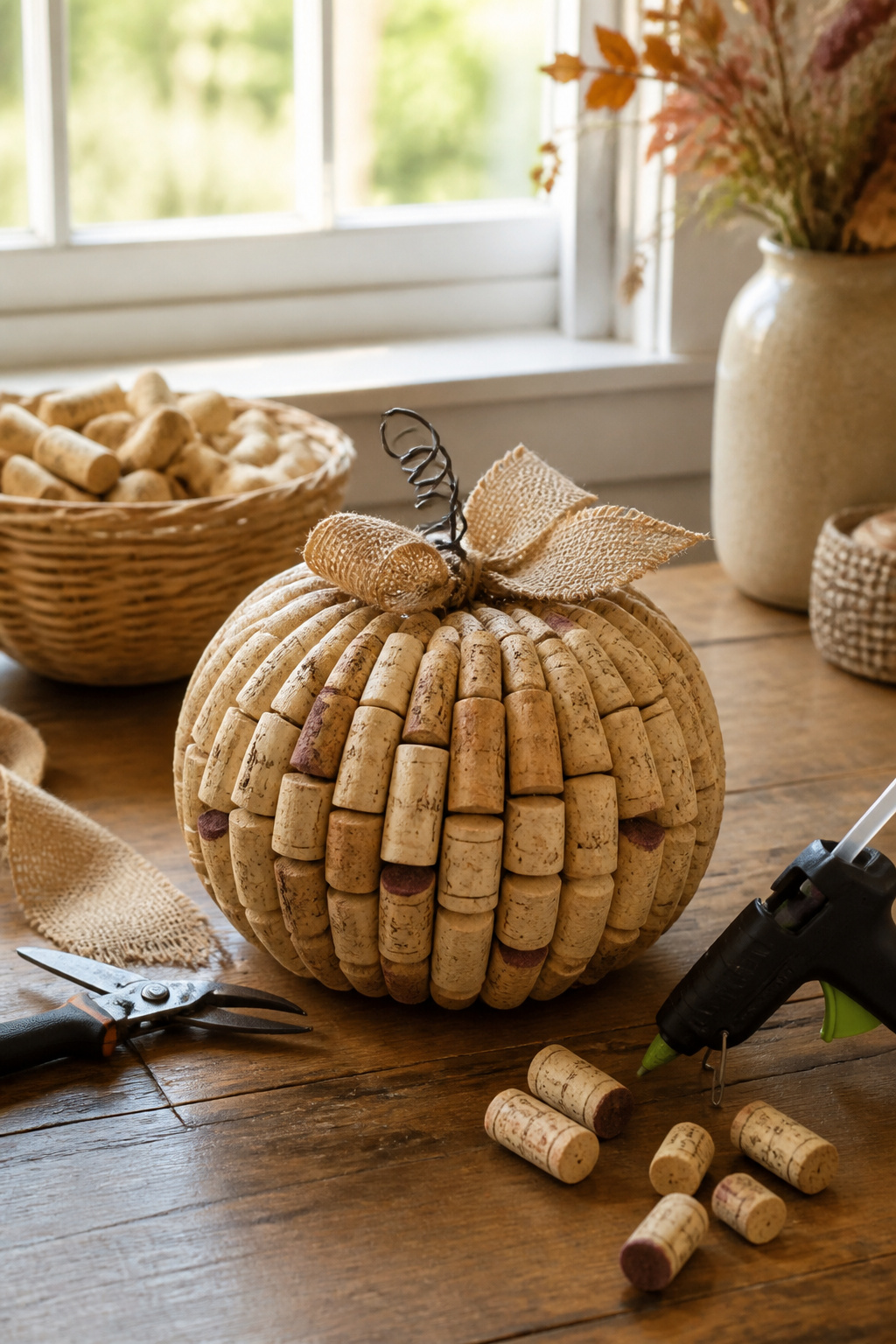 25 Pumpkin Craft Ideas for Fall Decor, Kids, and Adults (2026) 18 A pumpkin made from glued wine corks on a kitchen table.
