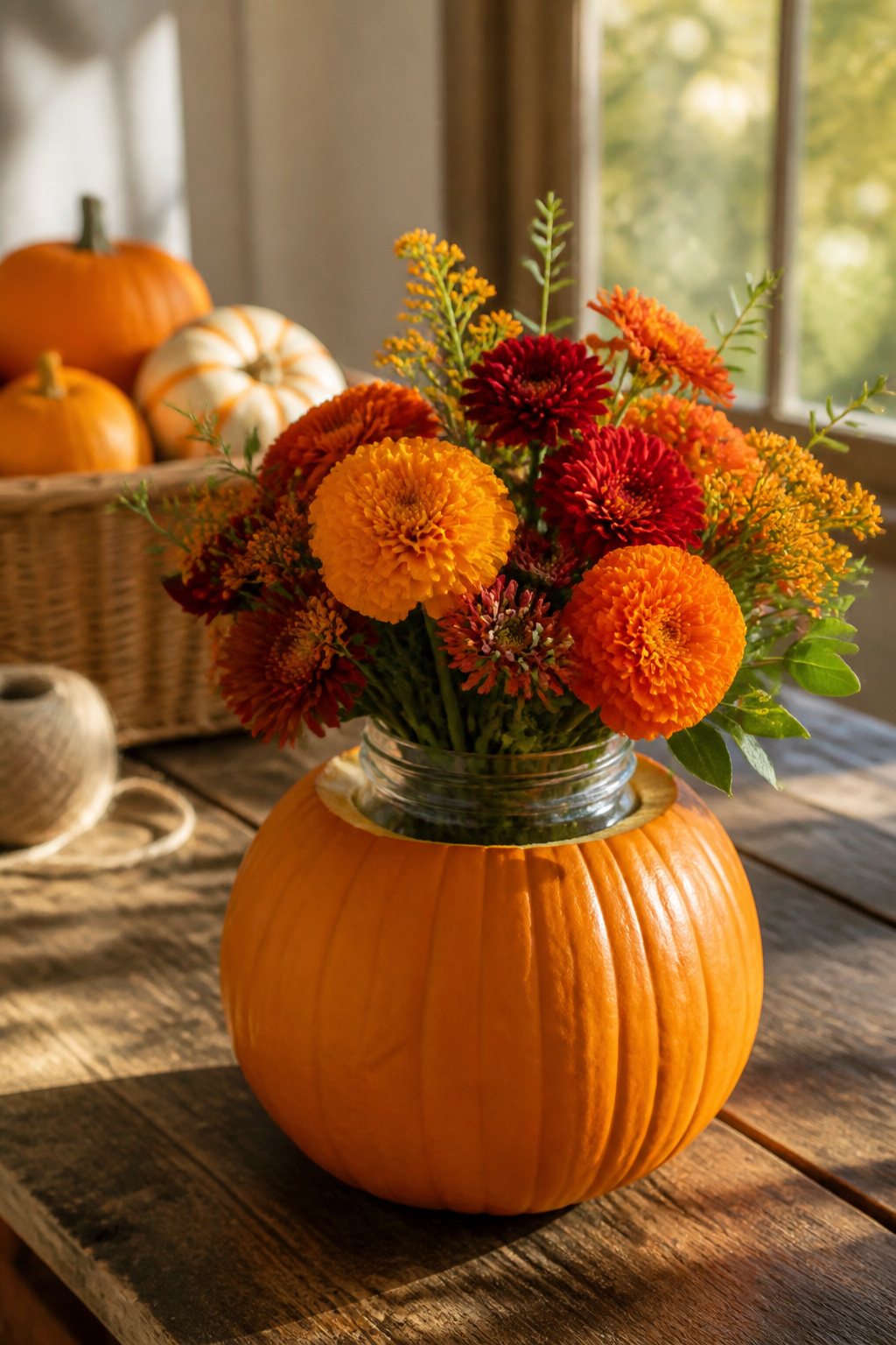 25 Pumpkin Craft Ideas for Fall Decor, Kids, and Adults (2026) 2 A pumpkin vase holding flowers, with a mason jar inside.