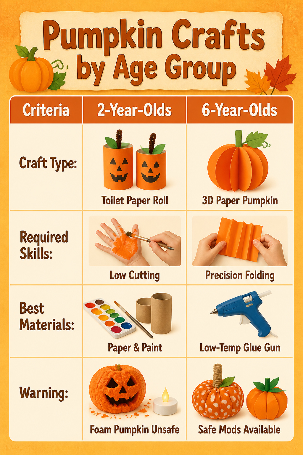 25 Pumpkin Craft Ideas for Fall Decor, Kids, and Adults (2026) 27 An infographic showing pumpkin crafts suitable for different ages.