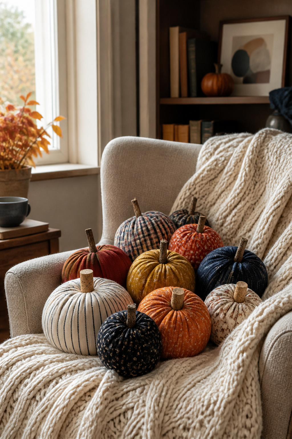 25 Pumpkin Craft Ideas for Fall Decor, Kids, and Adults (2026) 4 Fabric pumpkins in various colors arranged on a cozy blanket.
