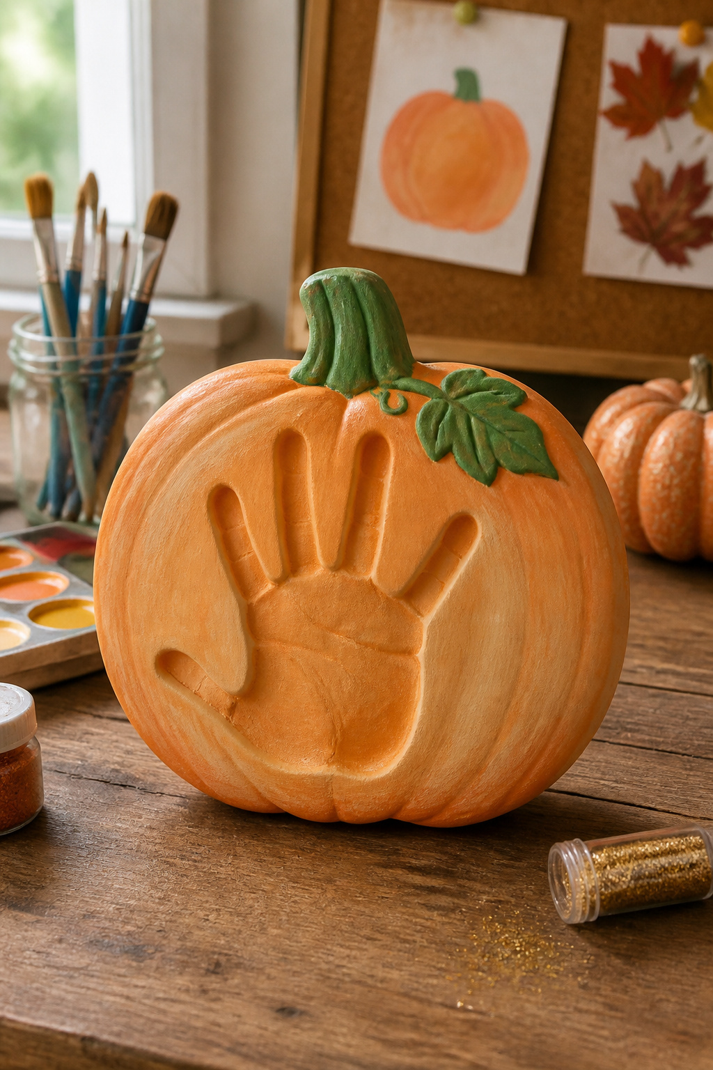 25 Pumpkin Craft Ideas for Fall Decor, Kids, and Adults (2026) 6 A handprint pumpkin craft made with orange and green paint.