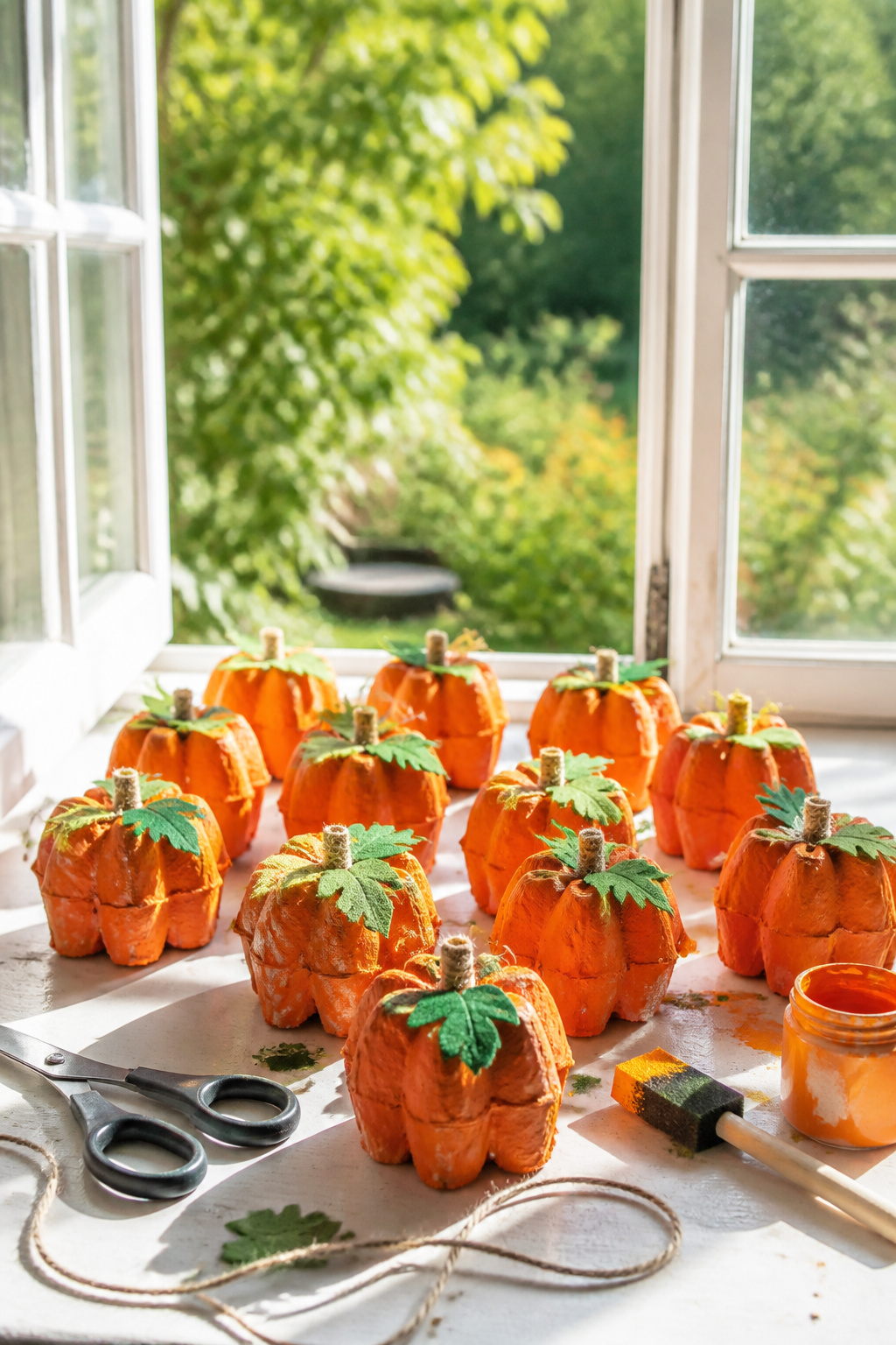 25 Pumpkin Craft Ideas for Fall Decor, Kids, and Adults (2026) 8 Egg carton pumpkins arranged on a bright windowsill.
