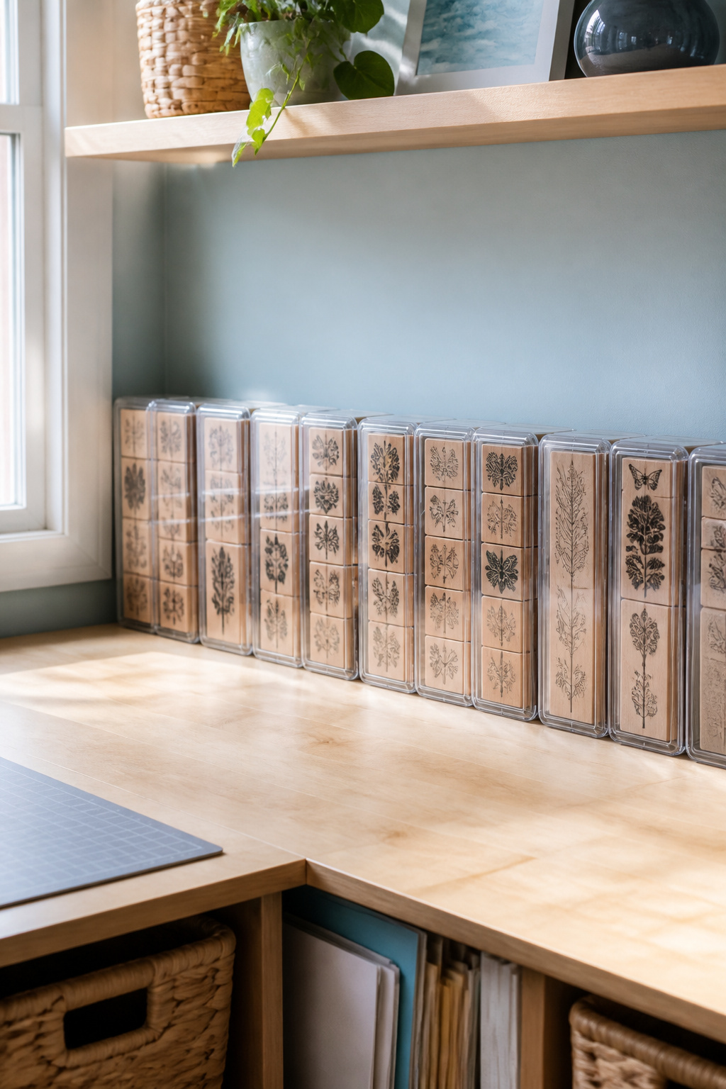 Rubber Stamp Storage: How to Organize and Protect Your Collection 1 Clear plastic storage cases filled with wood-mounted rubber stamps arranged on a shelf.