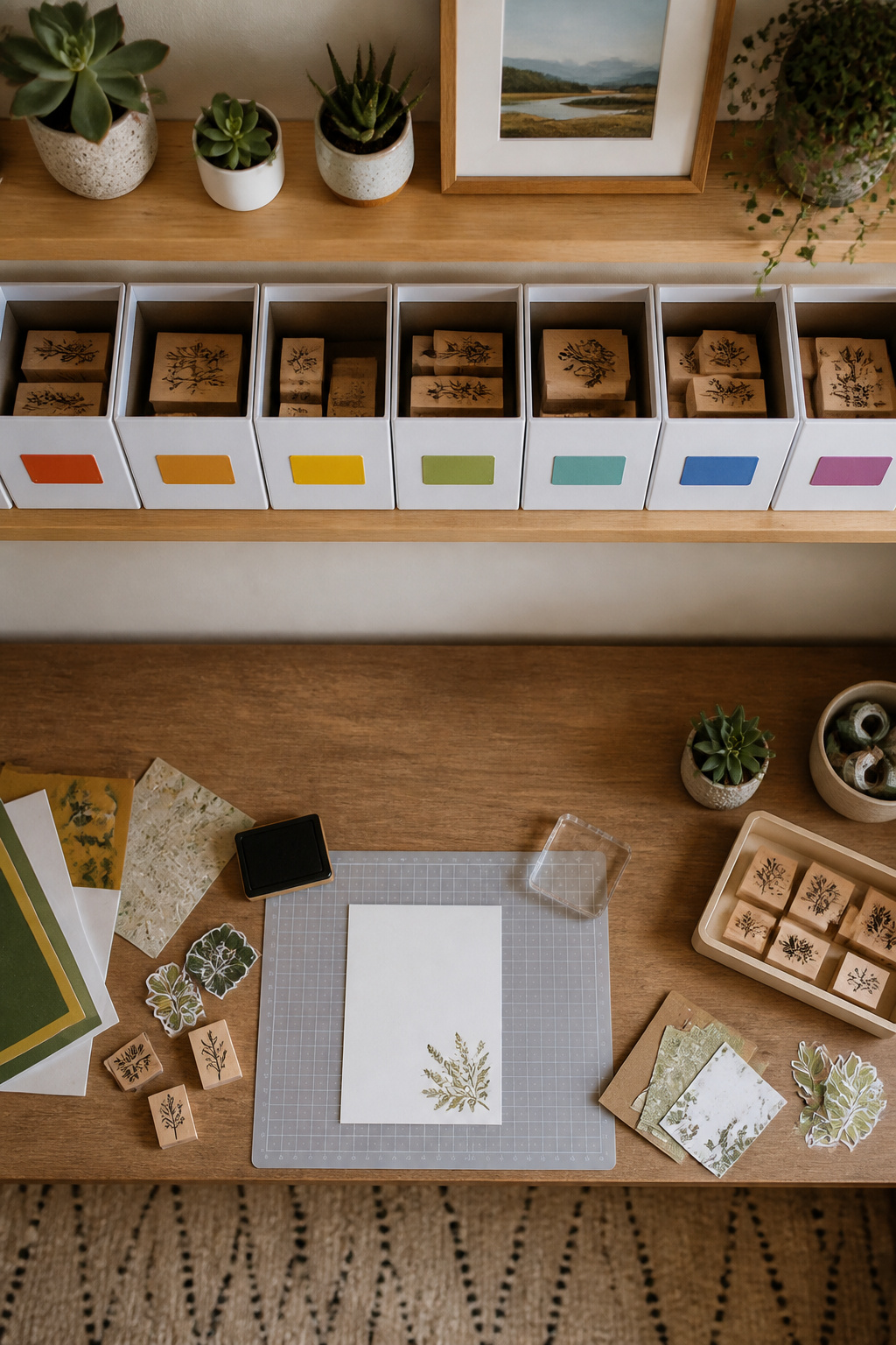 Rubber Stamp Storage: How to Organize and Protect Your Collection 10 Sorted rubber stamps in labeled photo storage boxes on a table.