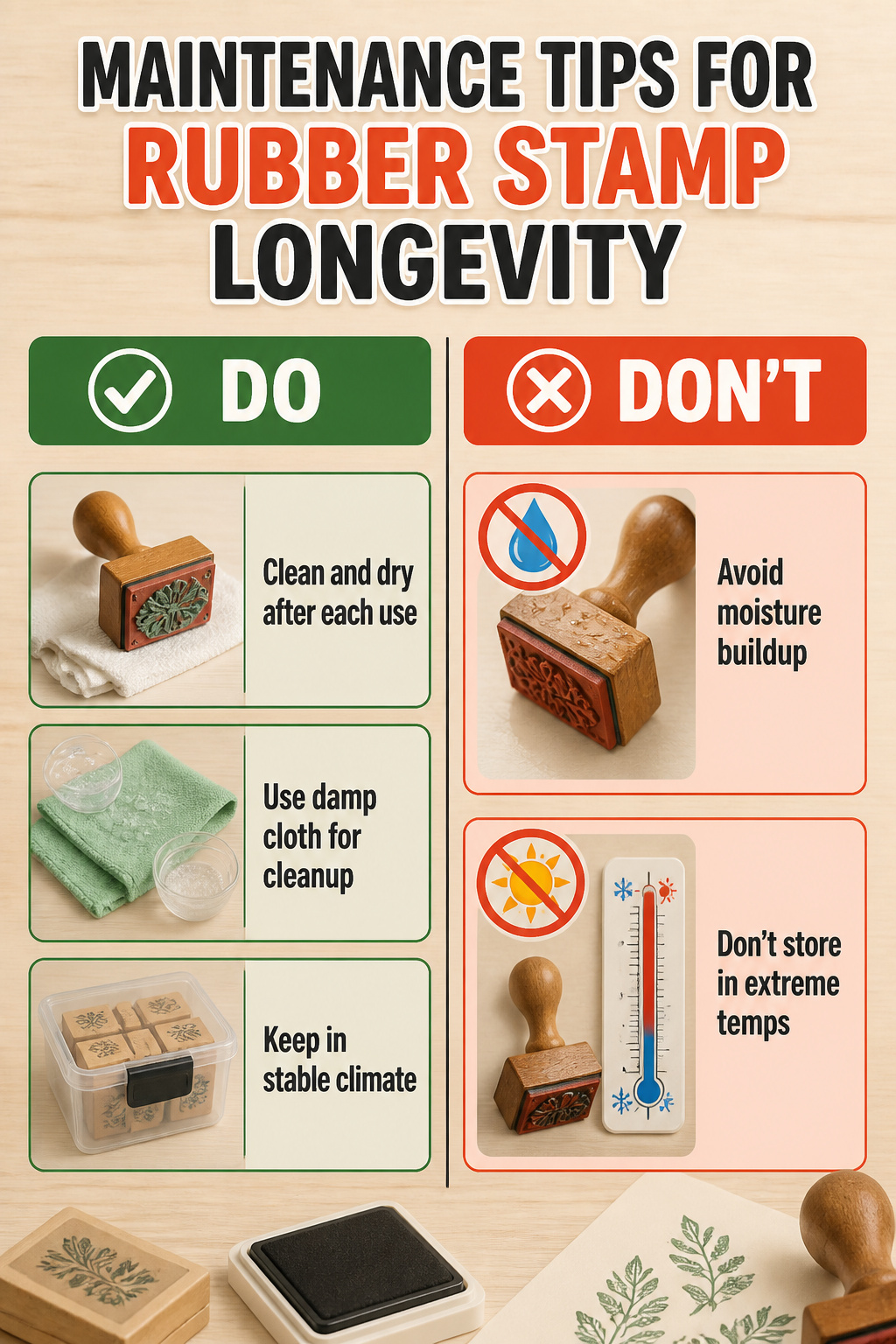 Rubber Stamp Storage: How to Organize and Protect Your Collection 11 Information image displaying maintenance tips for rubber stamp longevity.